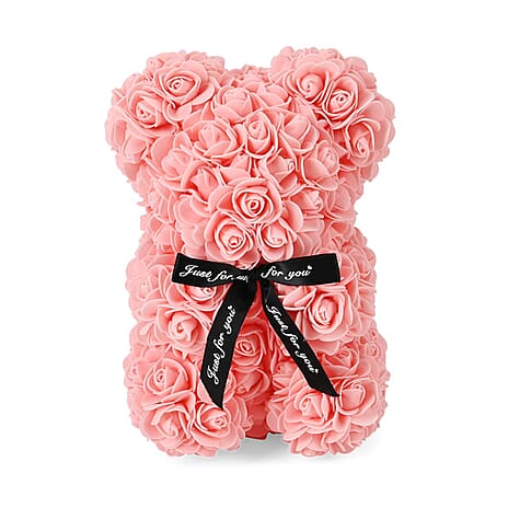Handcrafted Faux Rose Flower Bear with Bow - Light pink