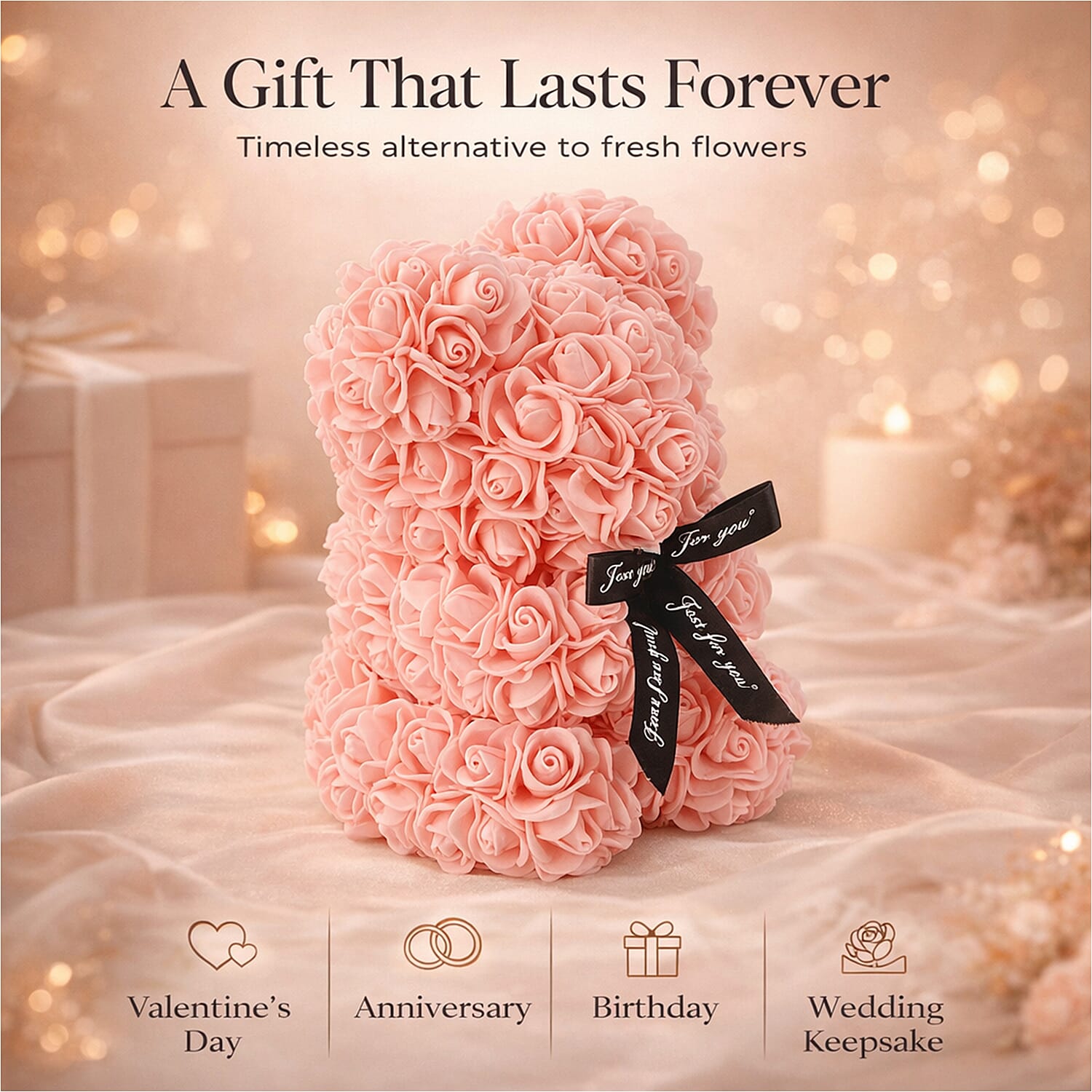 Valentine Deal-Handcrafted Faux Rose Flower Bear with Bow - Light pink