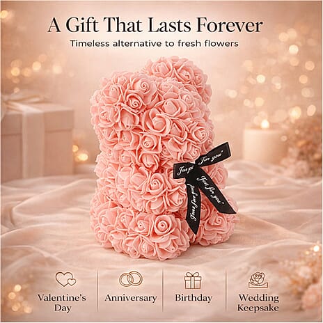 Handcrafted Faux Rose Flower Bear with Bow - Light pink