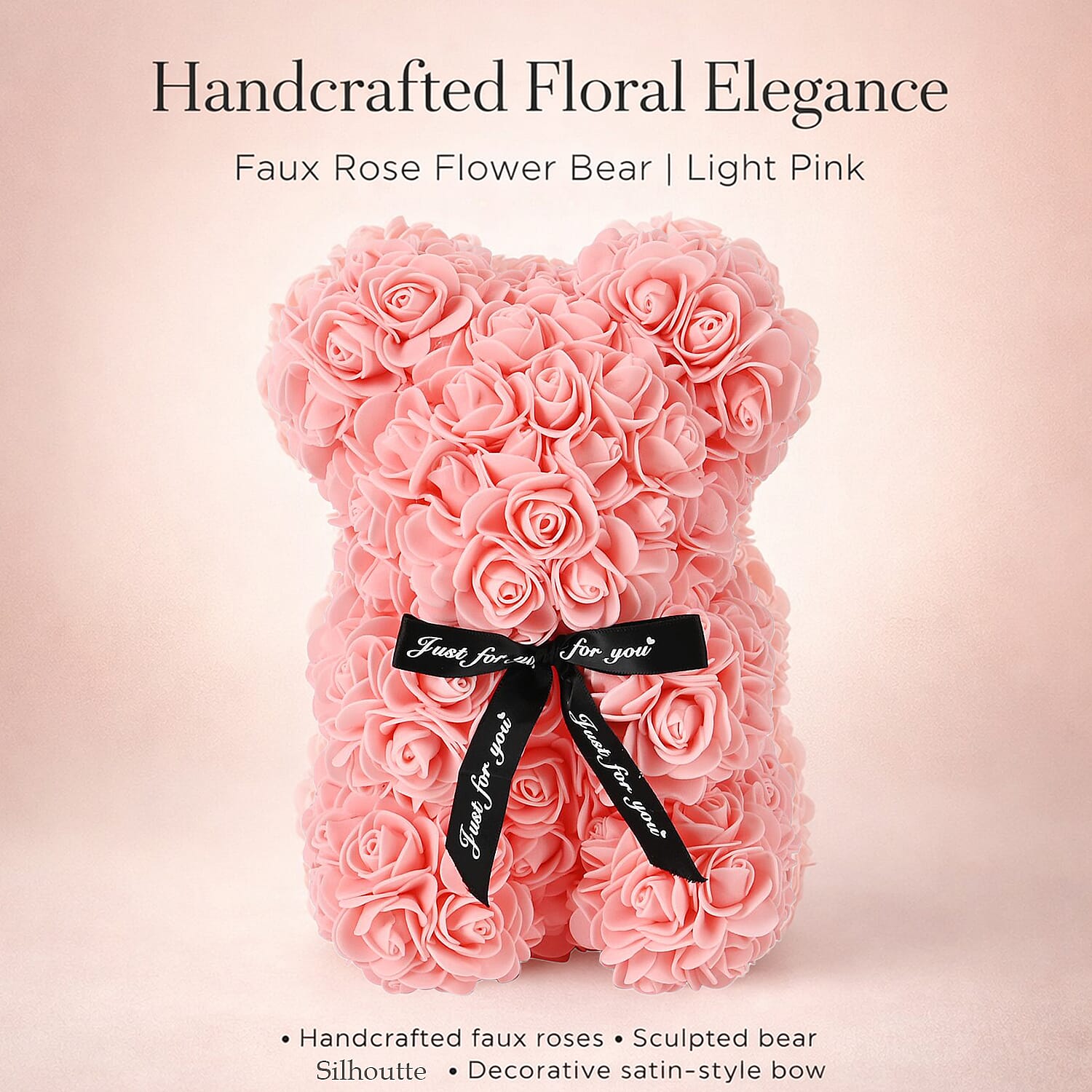 Valentine Deal-Handcrafted Faux Rose Flower Bear with Bow - Light pink