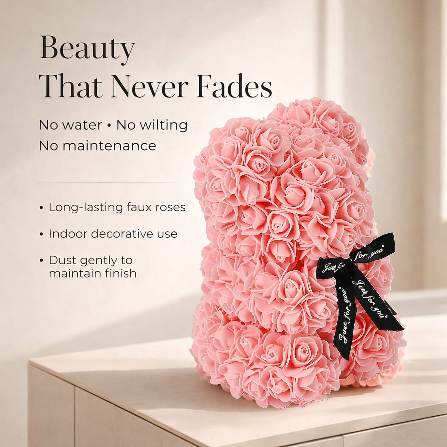 Valentine Deal-Handcrafted Faux Rose Flower Bear with Bow - Light pink