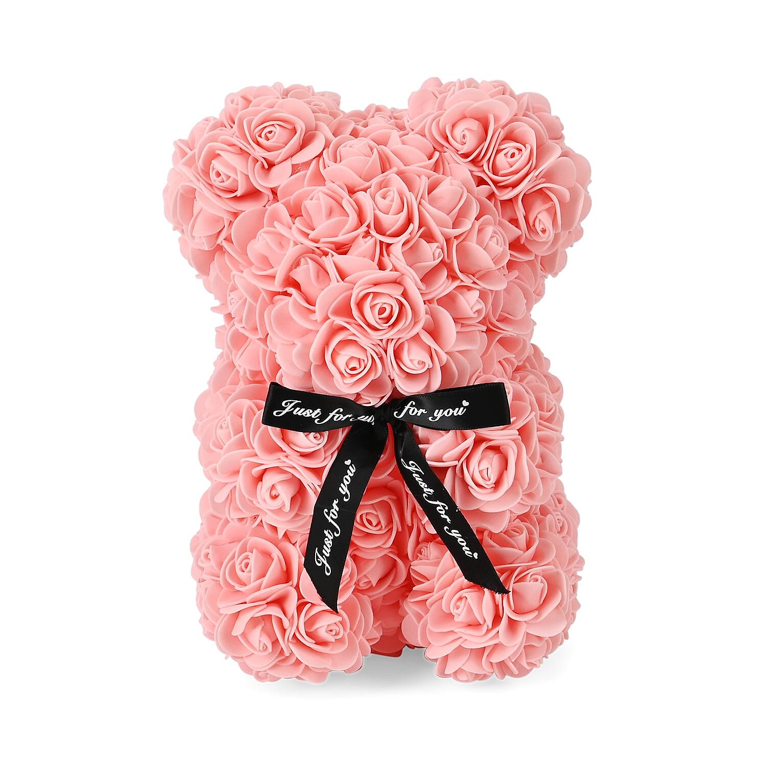 Handcrafted Faux Rose Flower Bear with Bow - Light pink