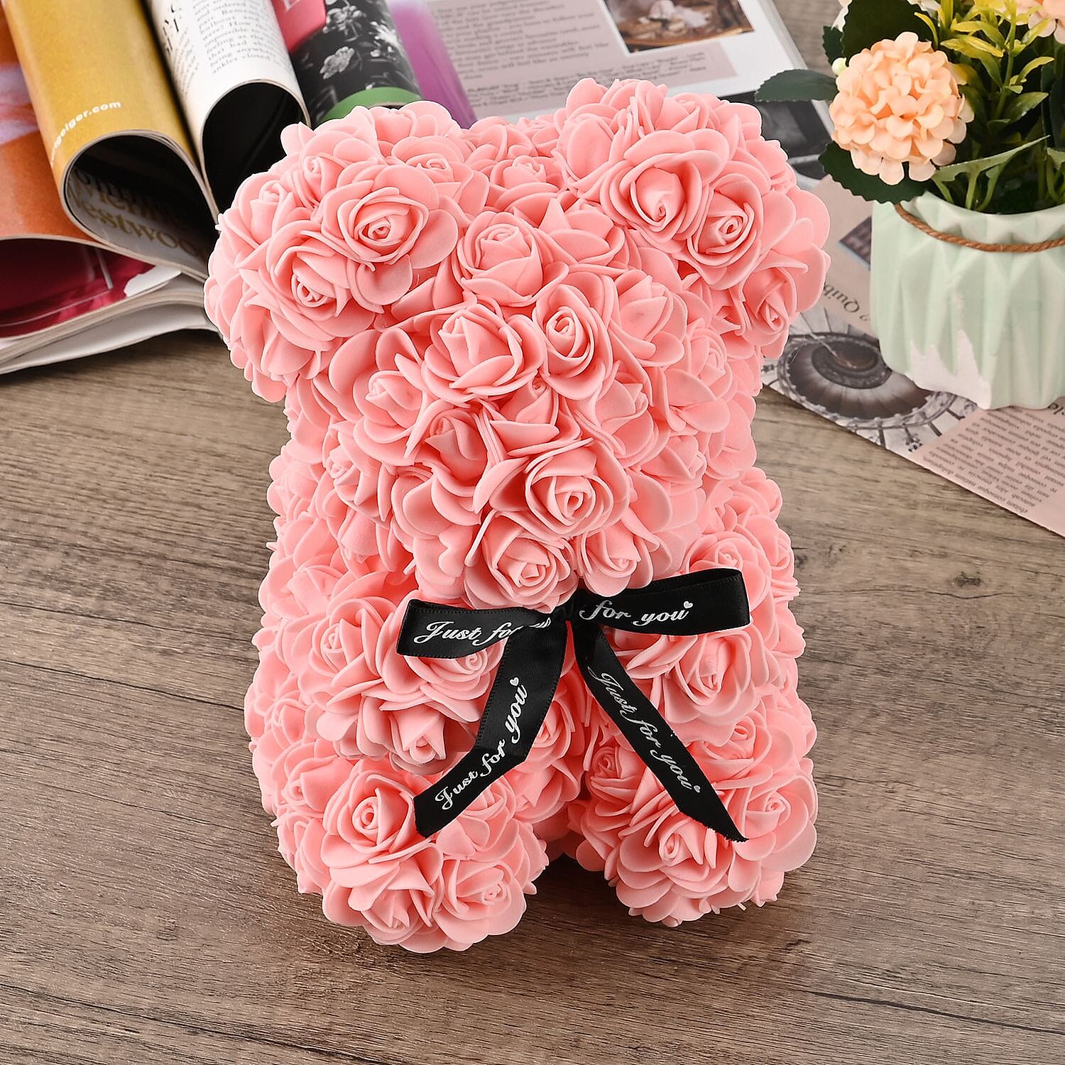 Handcrafted Faux Rose Flower Bear with Bow - Light pink