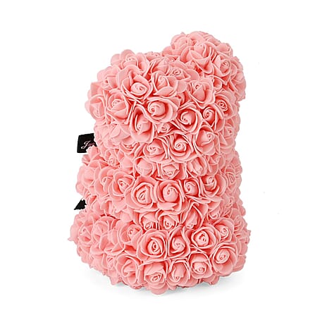 Handcrafted Faux Rose Flower Bear with Bow - Light pink