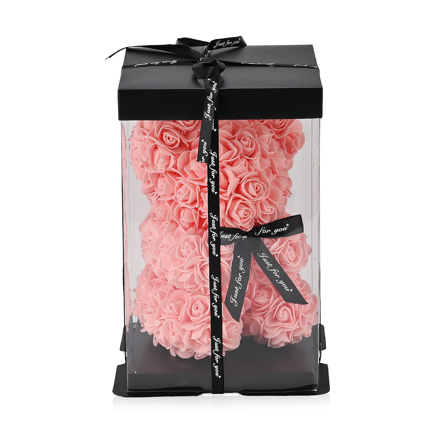 Handcrafted Faux Rose Flower Bear with Bow - Light pink