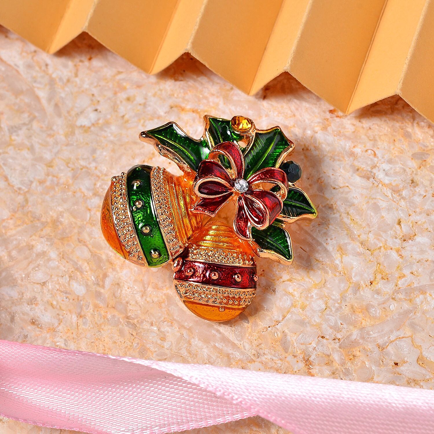 Multi Colour Austrian Crystal Enamelled Christmas Tree in Earthern Pot Brooch in Yellow Gold Tone