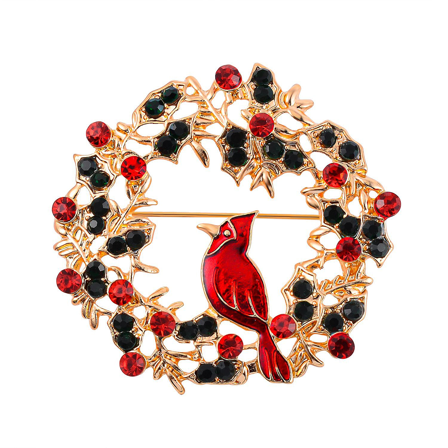Red & Neon Green Austrian Crystal Enamelled Cardinal Christmas Wreath Brooch in Yellow Gold Tone