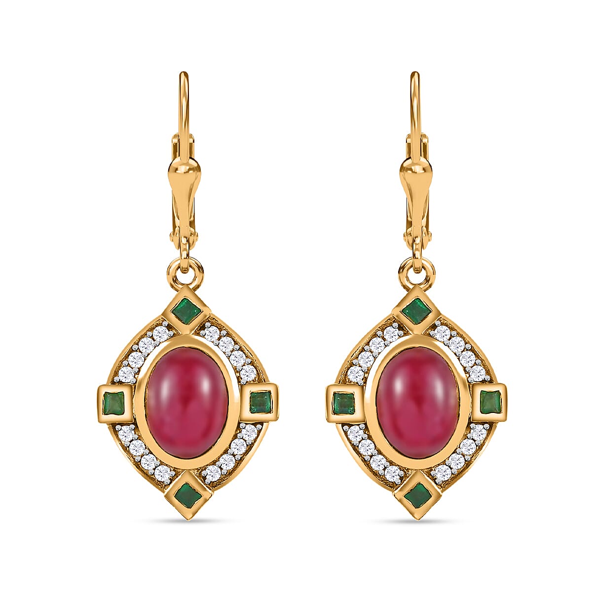 African Ruby, Natural Zircon & Zambian Emerald Earrings in 18K Yellow Gold Vermeil Plated Sterling Silver 4.86 Ct.