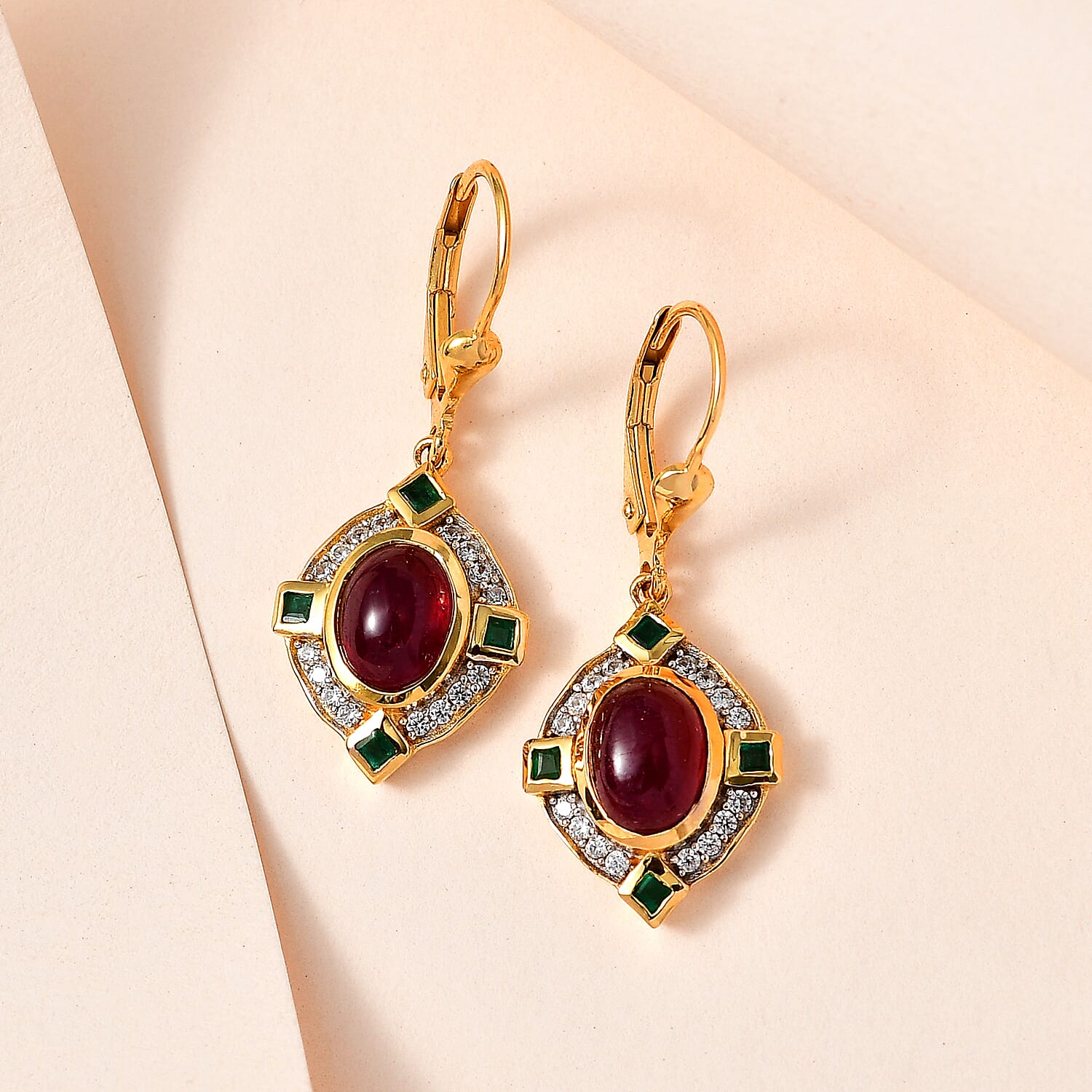 African Ruby, Natural Zircon & Zambian Emerald Earrings in 18K Yellow Gold Vermeil Plated Sterling Silver 4.86 Ct.