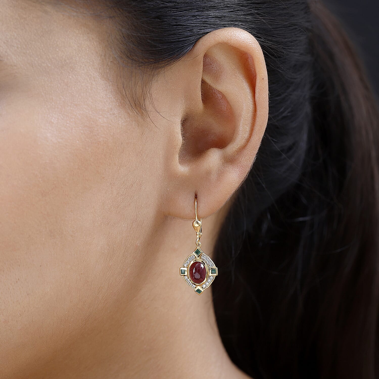 African Ruby, Natural Zircon & Zambian Emerald Earrings in 18K Yellow Gold Vermeil Plated Sterling Silver 4.86 Ct.