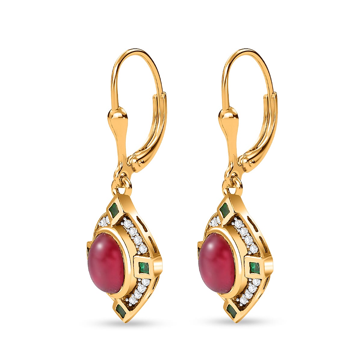 African Ruby, Natural Zircon & Zambian Emerald Earrings in 18K Yellow Gold Vermeil Plated Sterling Silver 4.86 Ct.