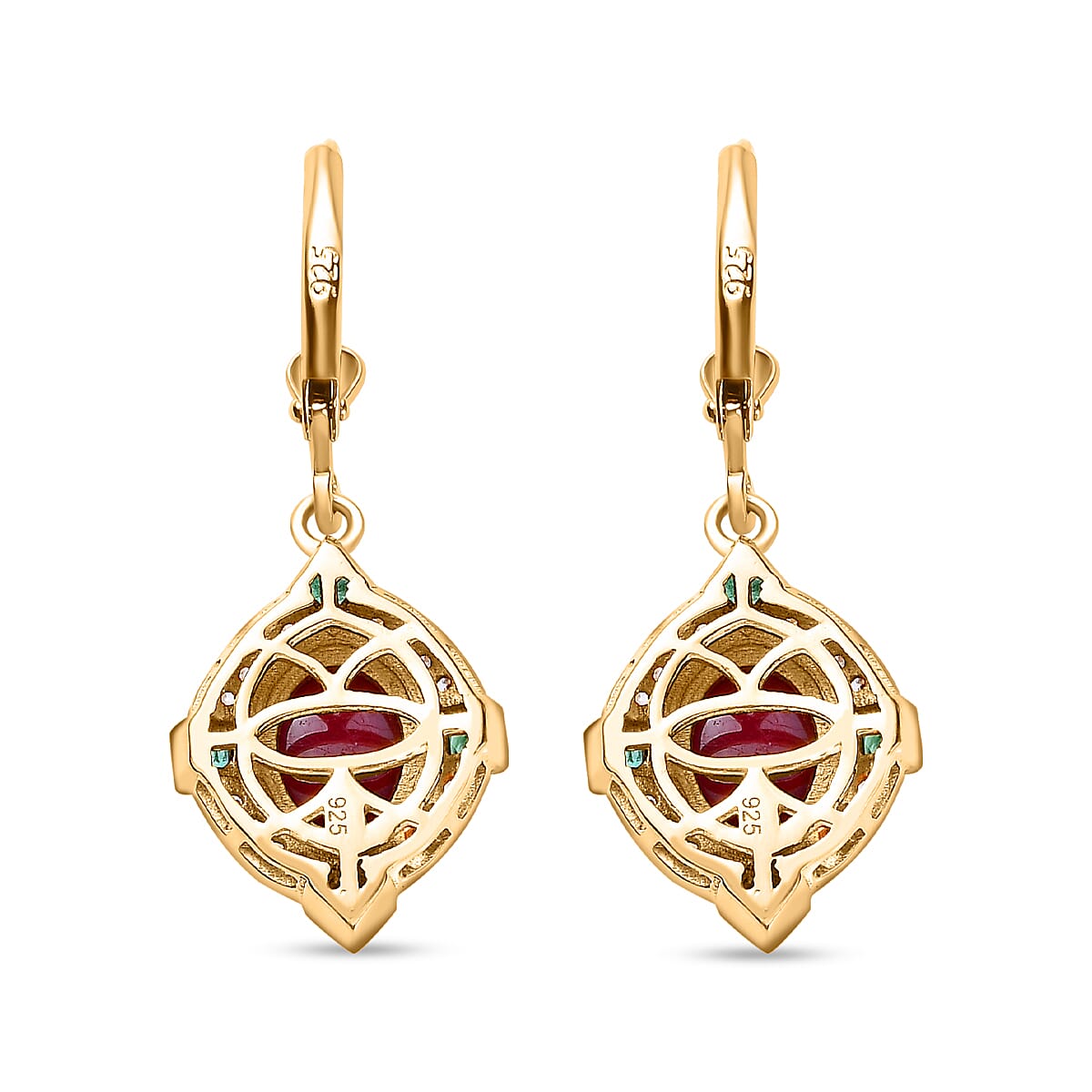 African Ruby, Natural Zircon & Zambian Emerald Earrings in 18K Yellow Gold Vermeil Plated Sterling Silver 4.86 Ct.