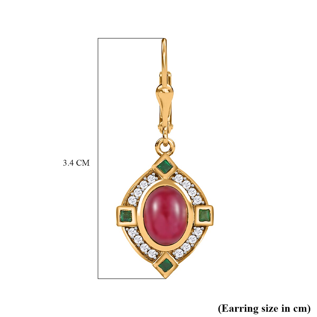 African Ruby, Natural Zircon & Zambian Emerald Earrings in 18K Yellow Gold Vermeil Plated Sterling Silver 4.86 Ct.
