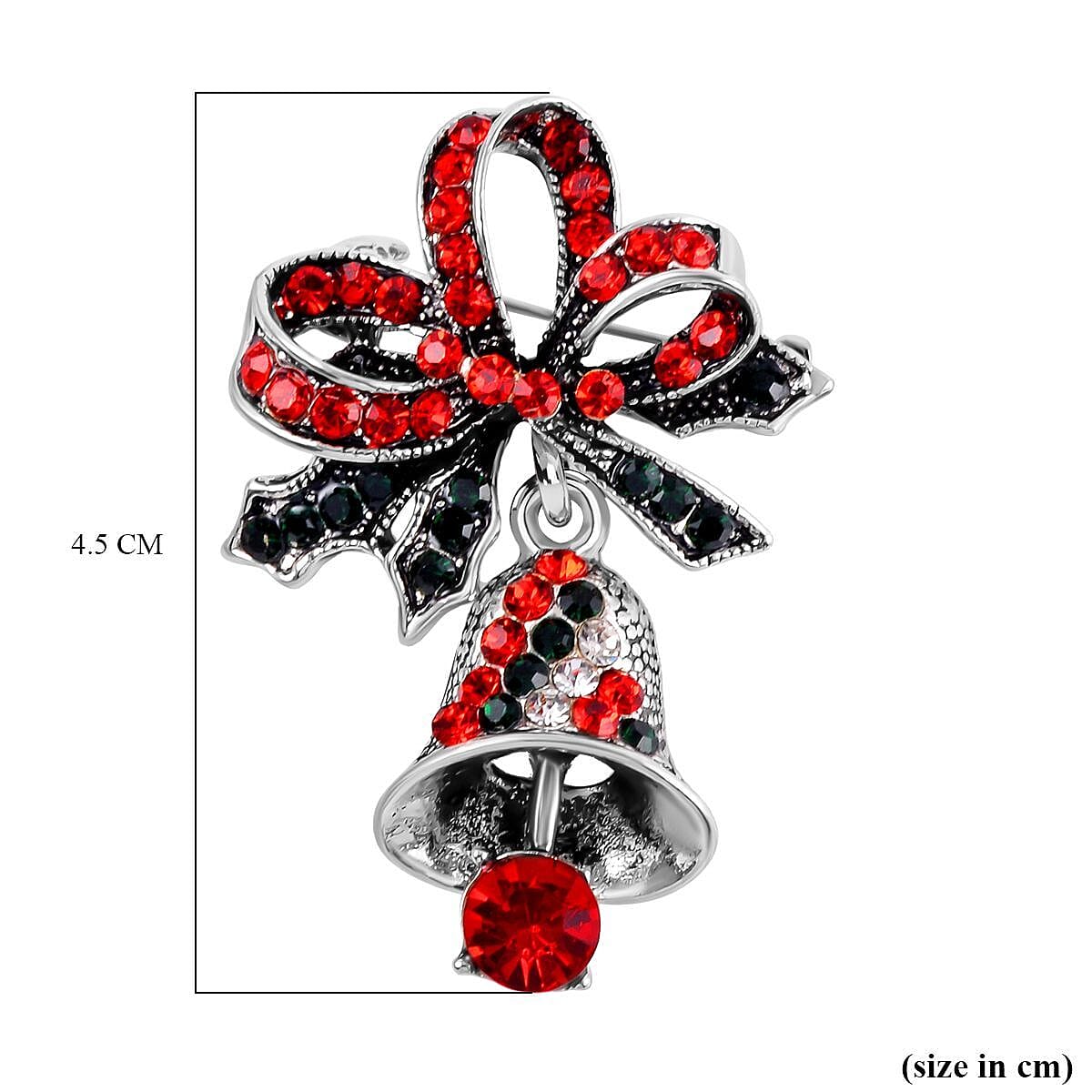 White, Red Austrian Crystal & Emerald Antique Christmas Bell Brooch in Silver Tone White, Red Austrian Crystal & Emerald Antique Christmas Bell Brooch in Silver Tone