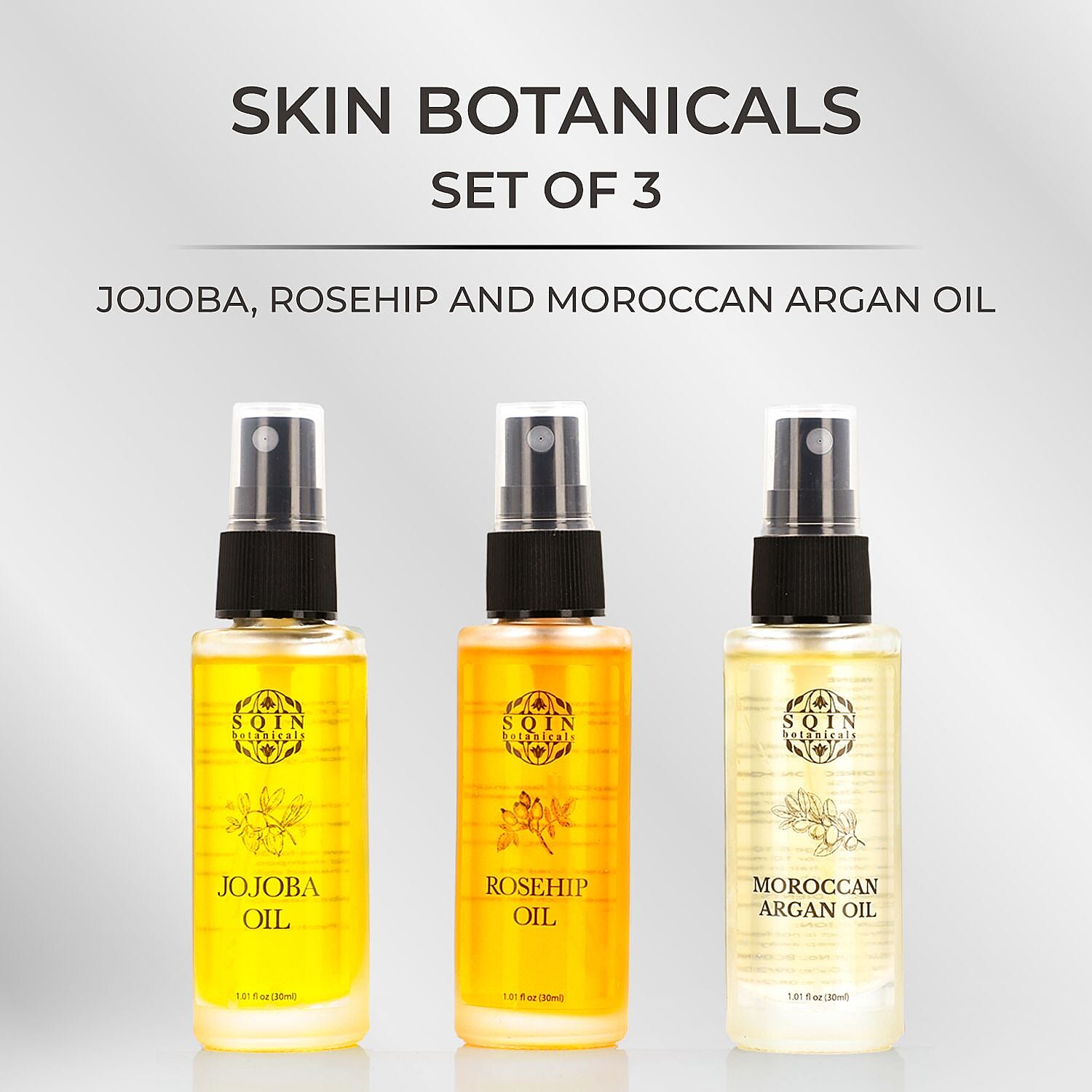 CYBER MONDAY MEGA DEAL - Sqin Botanicals Set of 3 Oils - Travel Edition Moringa Oil,  Argan Oil & Rosehip Oil (30ml each) Spray Bottles