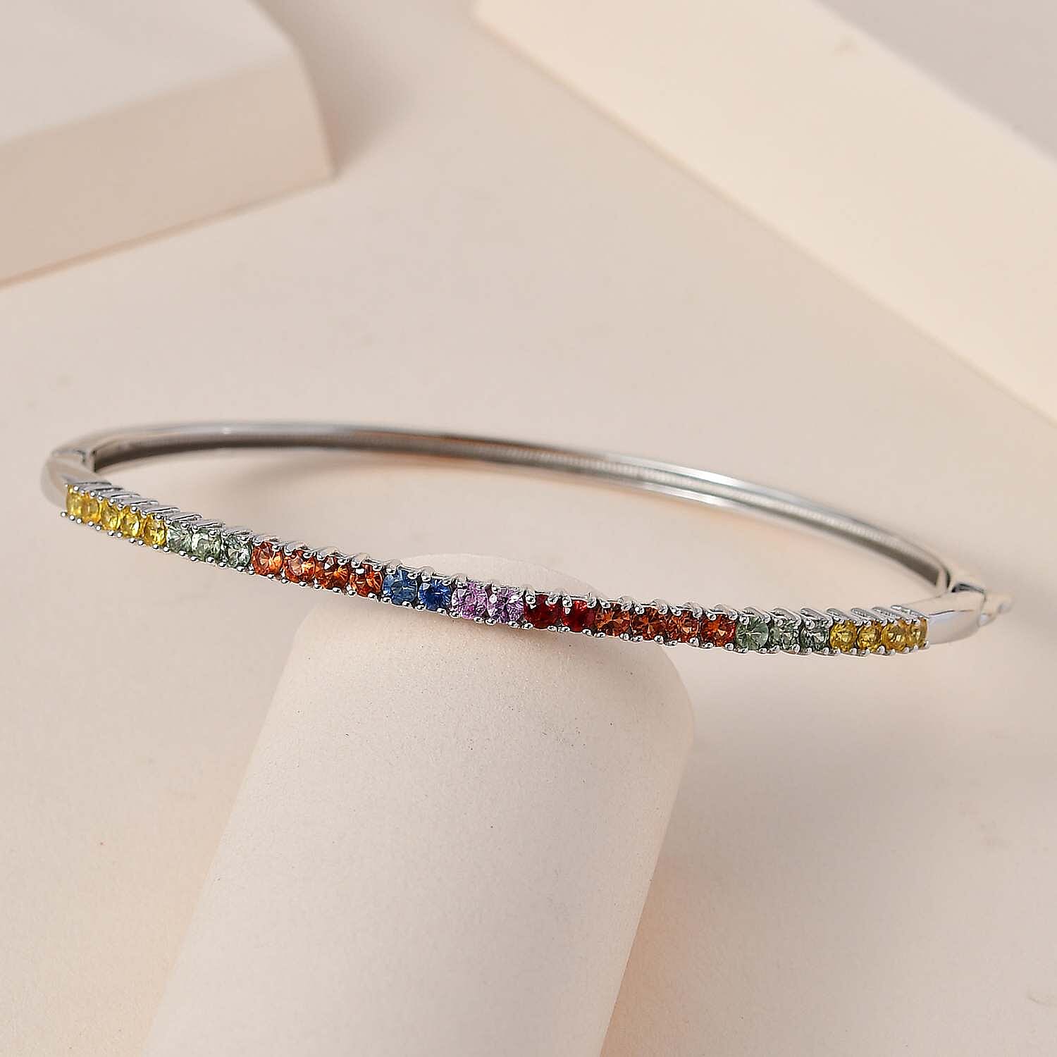 Rainbow Sapphire Bangle (Size - 7.5) in Platinum Overlay Sterling Silver 2.41 Ct, Silver Wt. 10.67 Gms