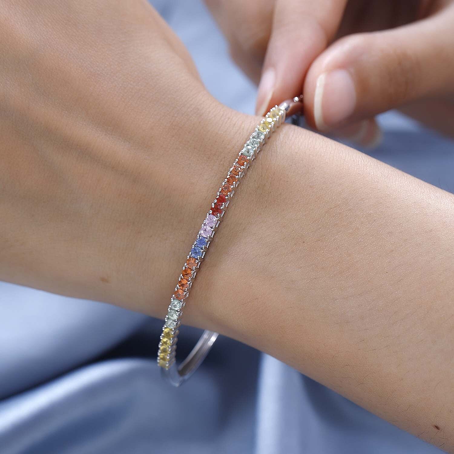 Rainbow Sapphire Bangle (Size - 7.5) in Platinum Overlay Sterling Silver 2.41 Ct, Silver Wt. 10.67 Gms