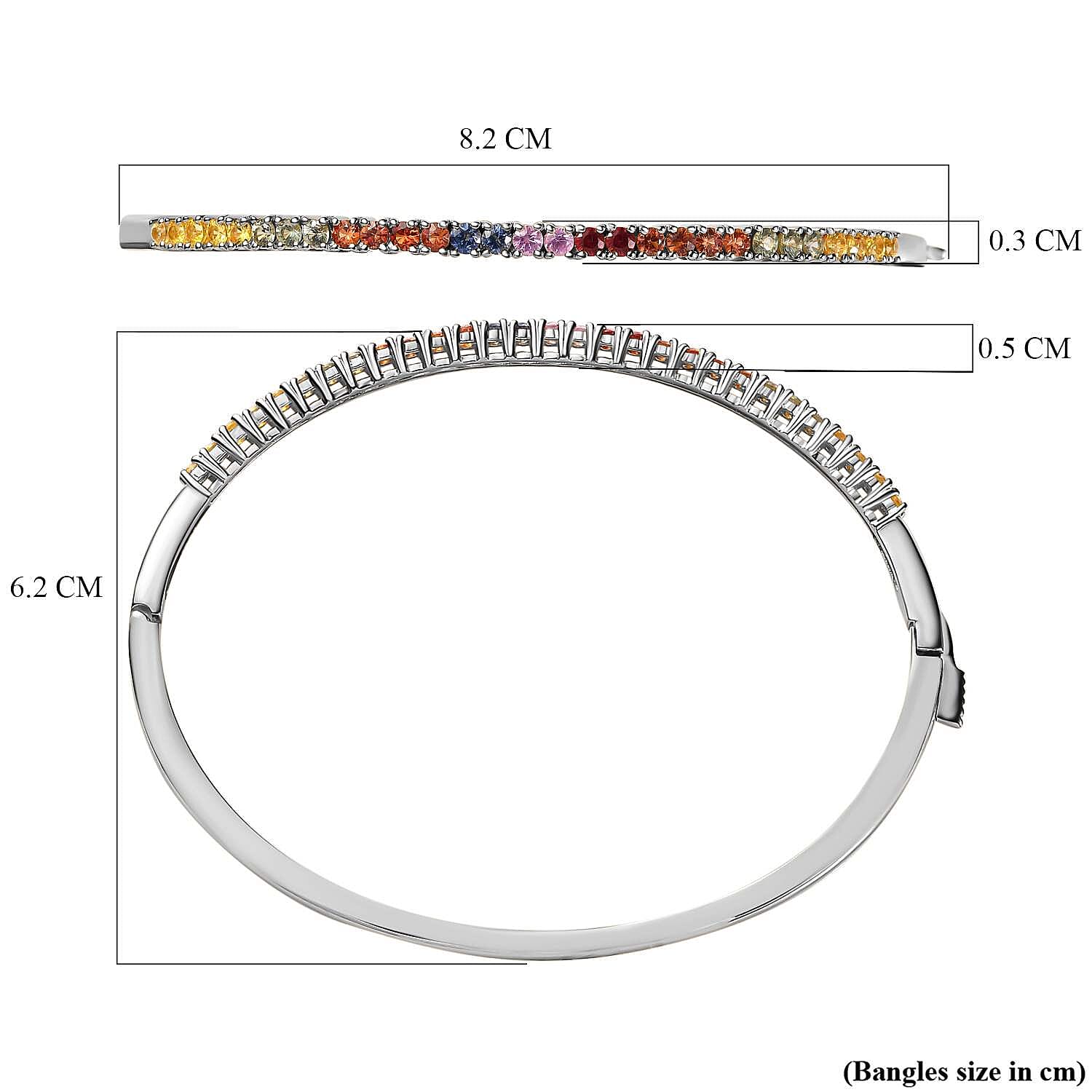 Rainbow Sapphire Bangle (Size - 7.5) in Platinum Overlay Sterling Silver 2.41 Ct, Silver Wt. 10.67 Gms