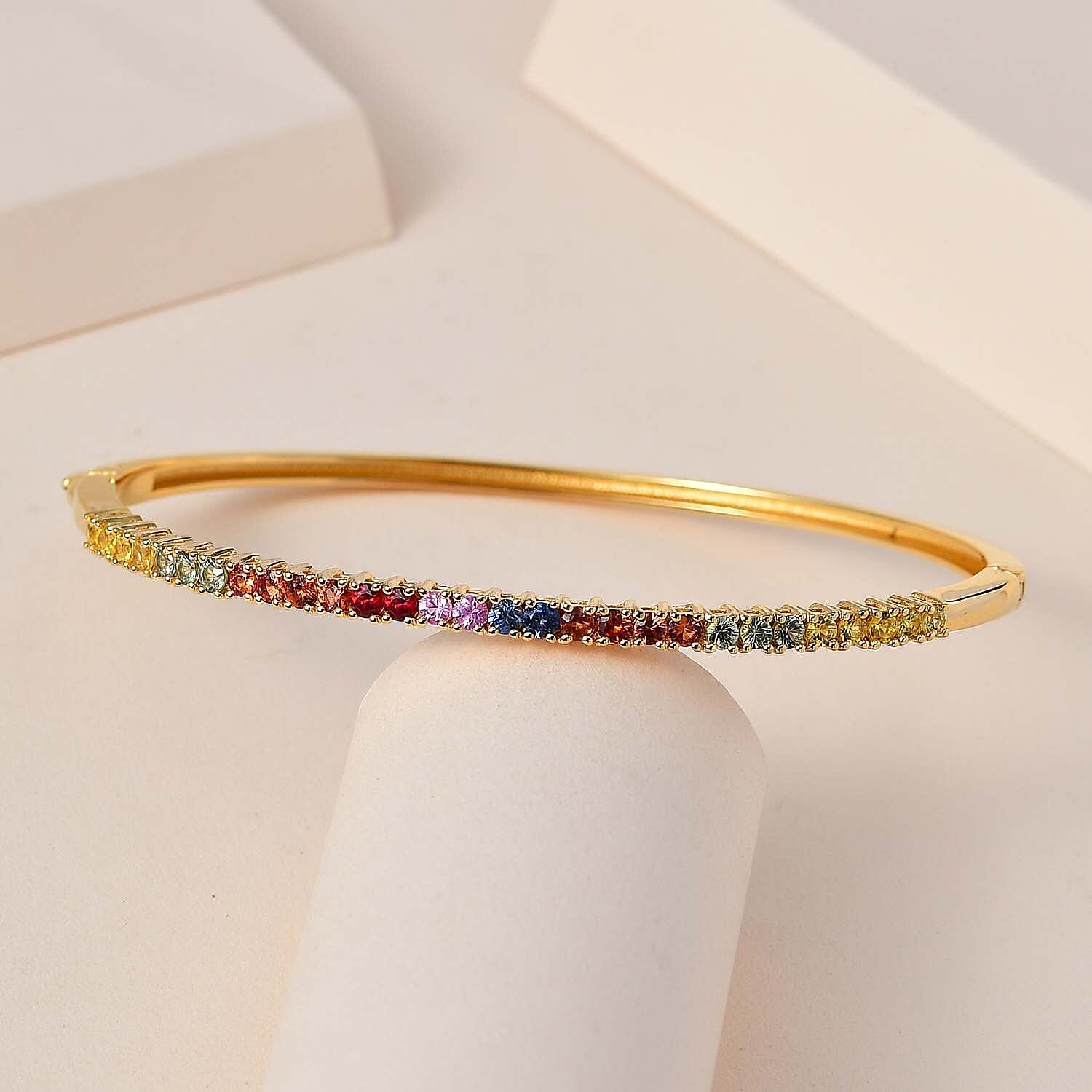 Rainbow Sapphire Bangle (Size - 7.5) in 18K Vermeil Yellow Gold Plated Sterling Silver 2.40 Ct, Silver Wt. 10.67 Gms