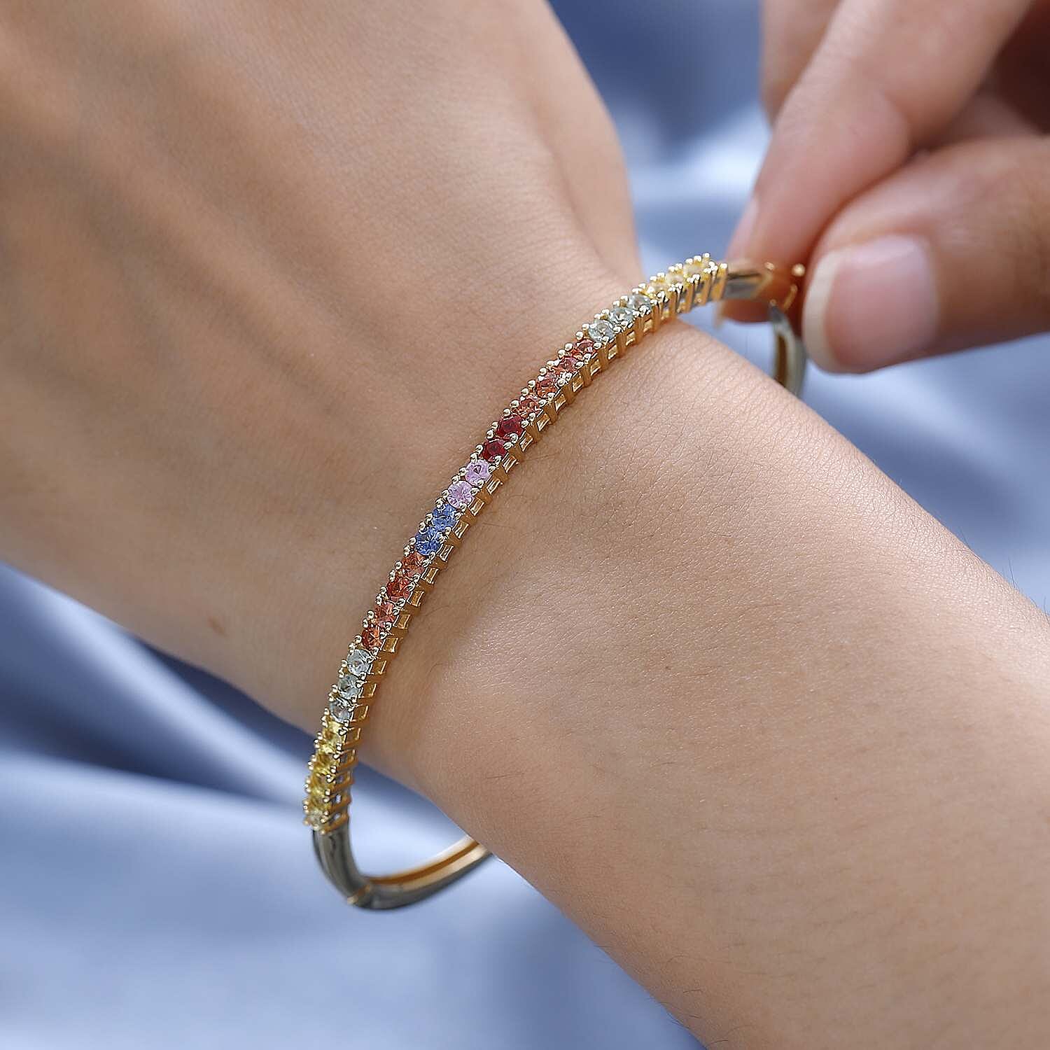 Rainbow Sapphire Bangle (Size - 7.5) in 18K Vermeil Yellow Gold Plated Sterling Silver 2.40 Ct, Silver Wt. 10.67 Gms