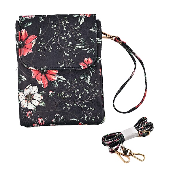 Floral Crossbody Faux Leather Bag with Shoulder Strap Navy 7612250