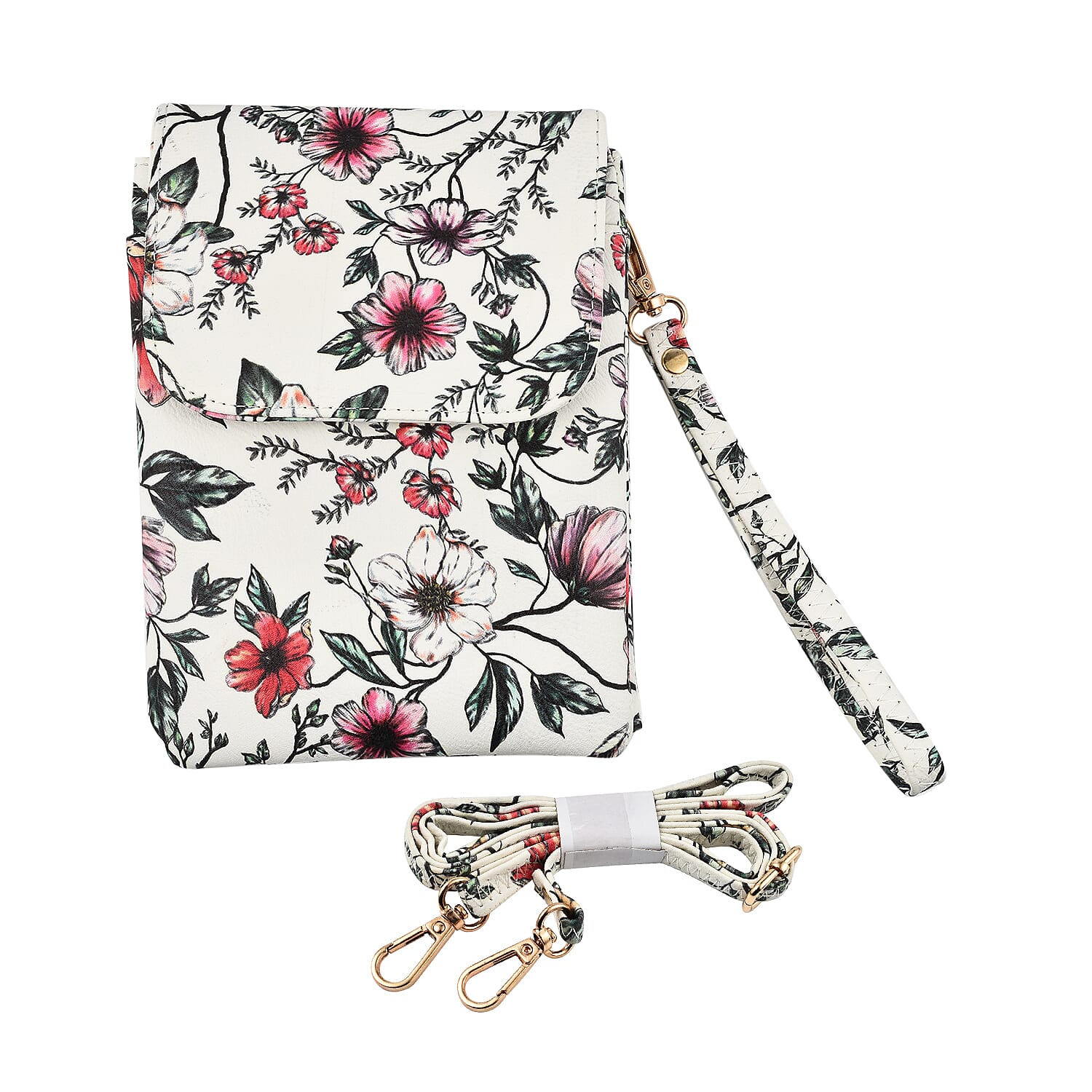 Floral Crossbody Faux Leather Bag with Shoulder Strap - White