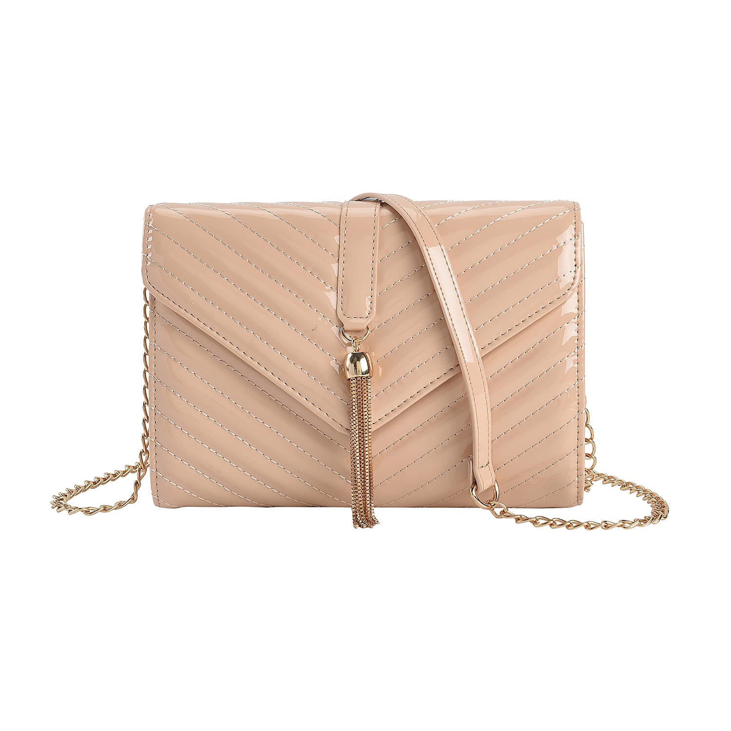 Designer Inspired -V-Shaped Quilted Pattern Leatherette Crossbody Bag With Detachable Strap & Swingy Metal Tassel - Beige