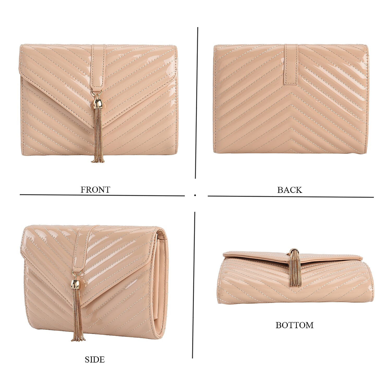 Designer Inspired -V-Shaped Quilted Pattern Leatherette Crossbody Bag With Detachable Strap & Swingy Metal Tassel - Beige