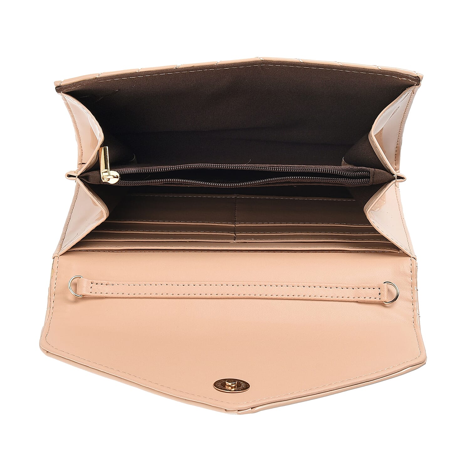 Designer Inspired -V-Shaped Quilted Pattern Leatherette Crossbody Bag With Detachable Strap & Swingy Metal Tassel - Beige