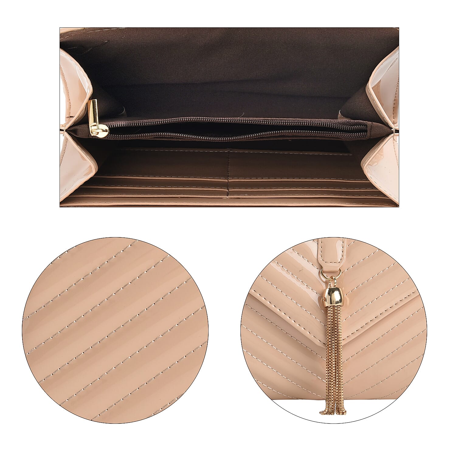 Designer Inspired -V-Shaped Quilted Pattern Leatherette Crossbody Bag With Detachable Strap & Swingy Metal Tassel - Beige