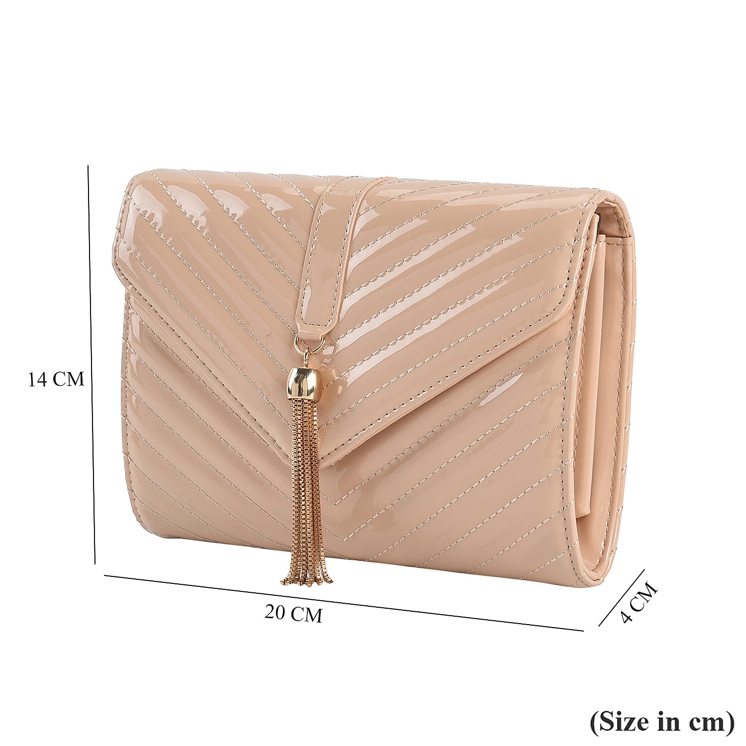 Designer Inspired -V-Shaped Quilted Pattern Leatherette Crossbody Bag With Detachable Strap & Swingy Metal Tassel - Beige