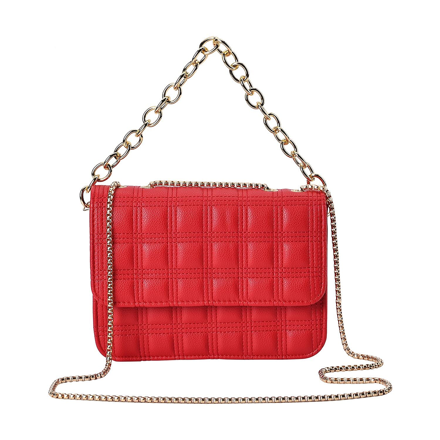 First Time Vicenza Closeout Quilted Checker Pattern Crossbody Bag With Metallic Chain - Red