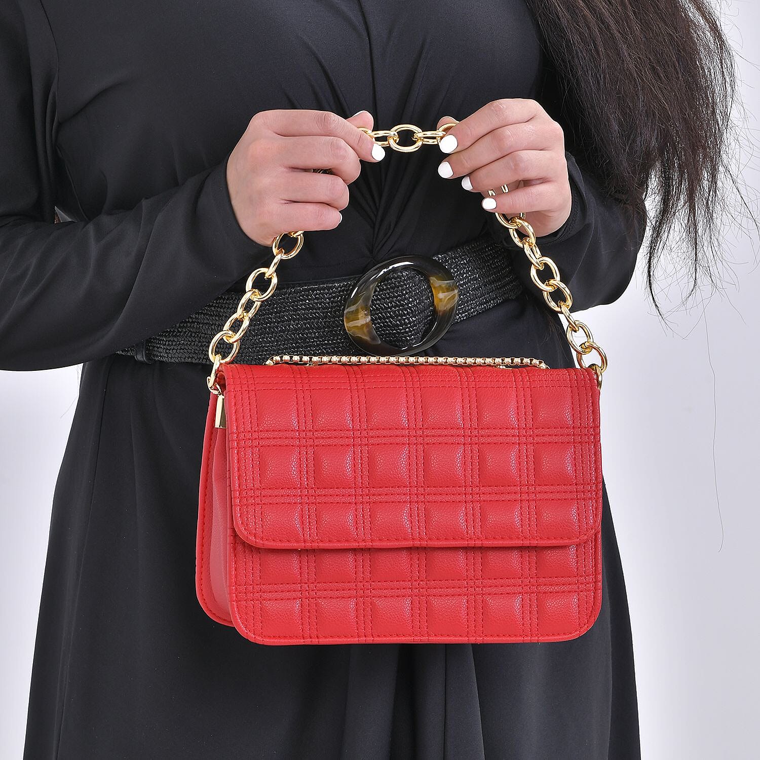 First Time Vicenza Closeout Quilted Checker Pattern Crossbody Bag With Metallic Chain - Red