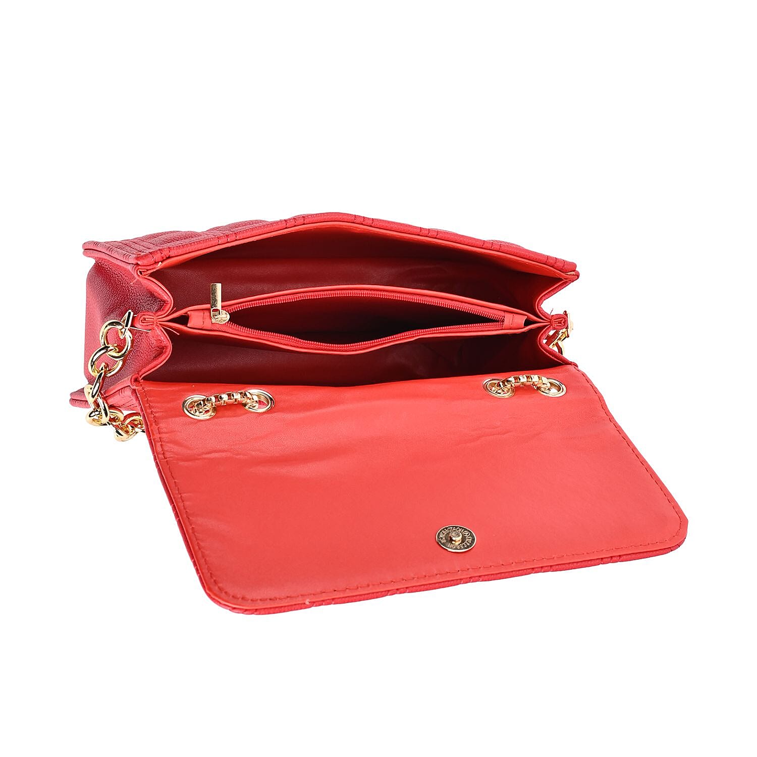 First Time Vicenza Closeout Quilted Checker Pattern Crossbody Bag With Metallic Chain - Red