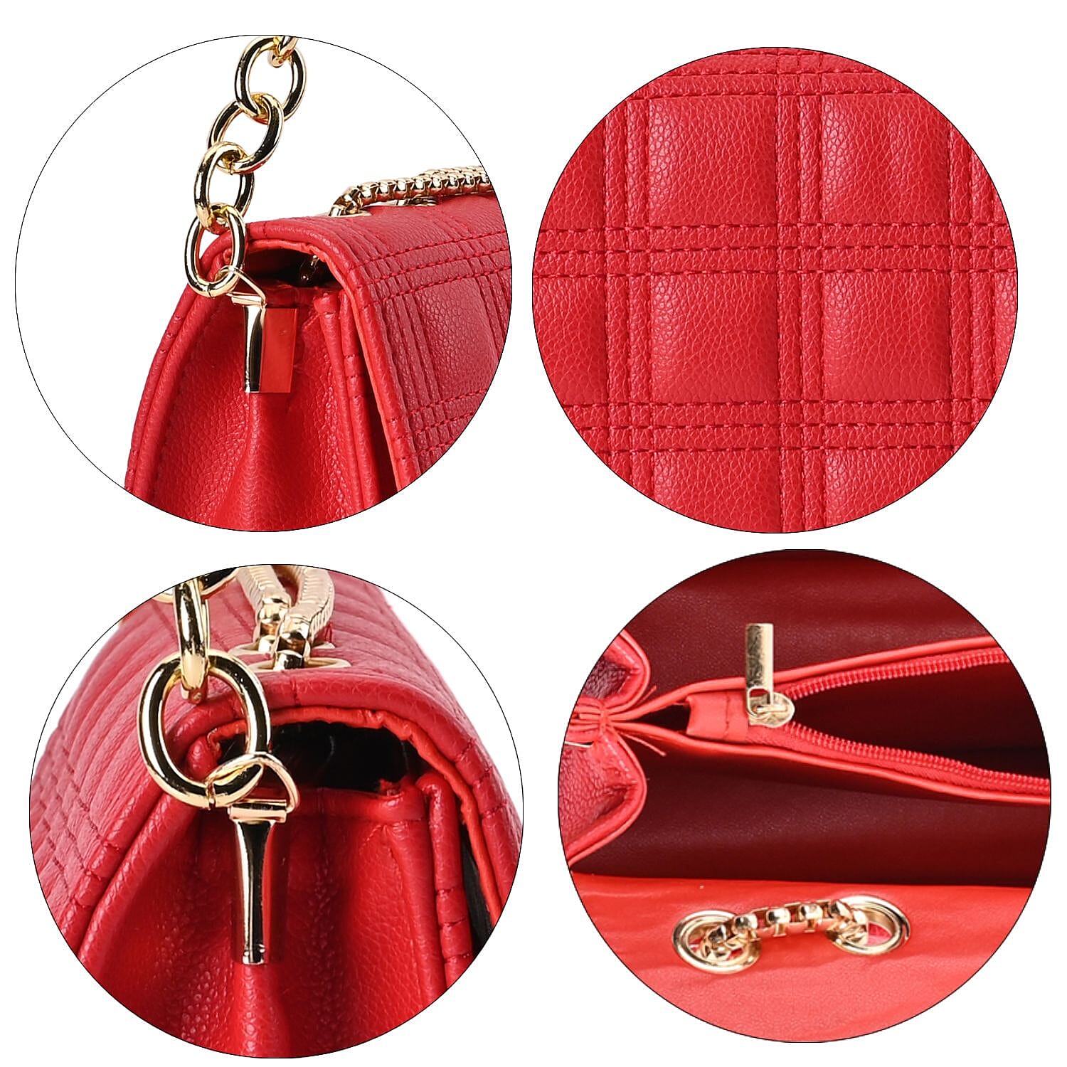 First Time Vicenza Closeout Quilted Checker Pattern Crossbody Bag With Metallic Chain - Red