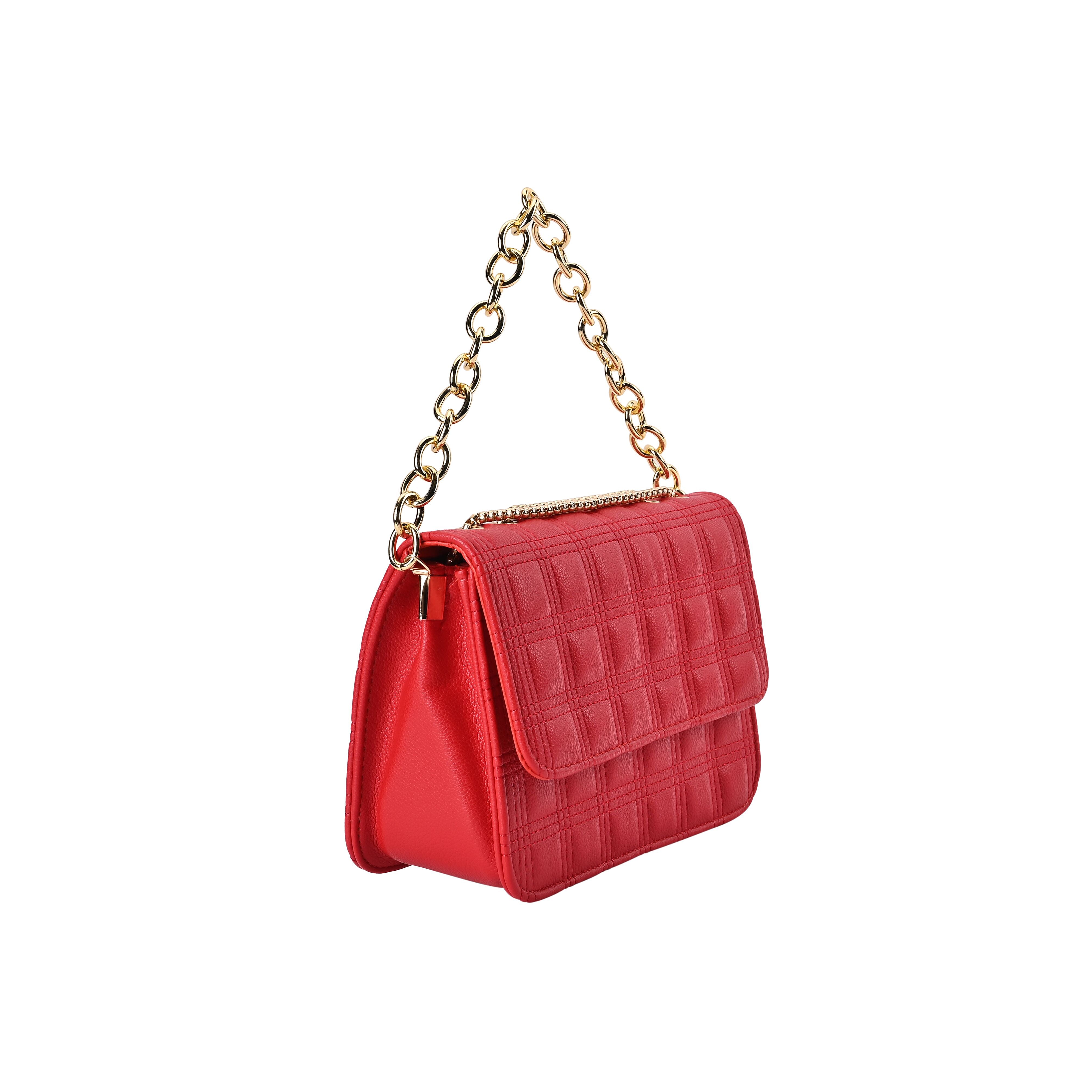 First Time Vicenza Closeout Quilted Checker Pattern Crossbody Bag With Metallic Chain - Red