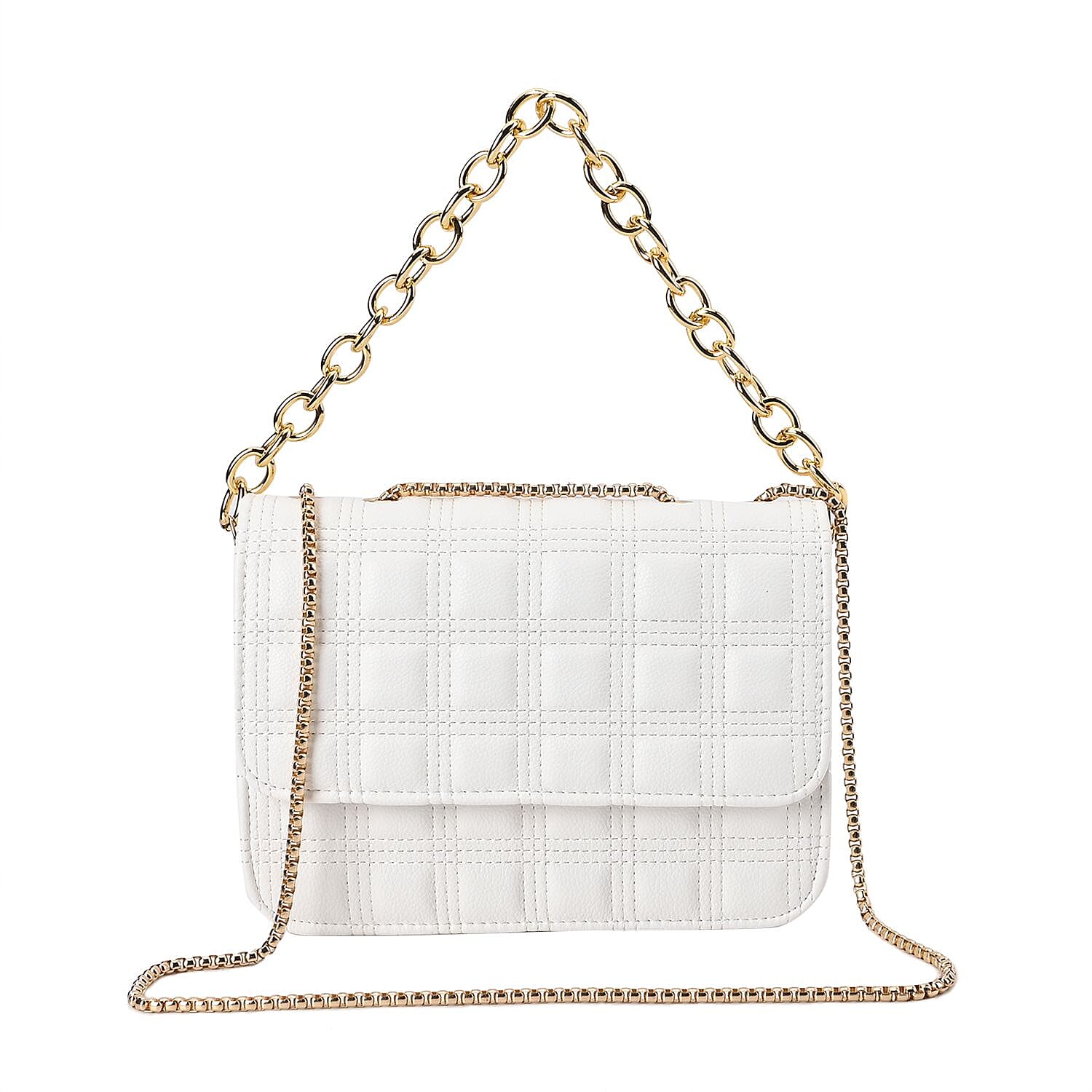 First Time Vicenza Closeout Quilted Checker Pattern Crossbody Bag With Metallic Chain - White