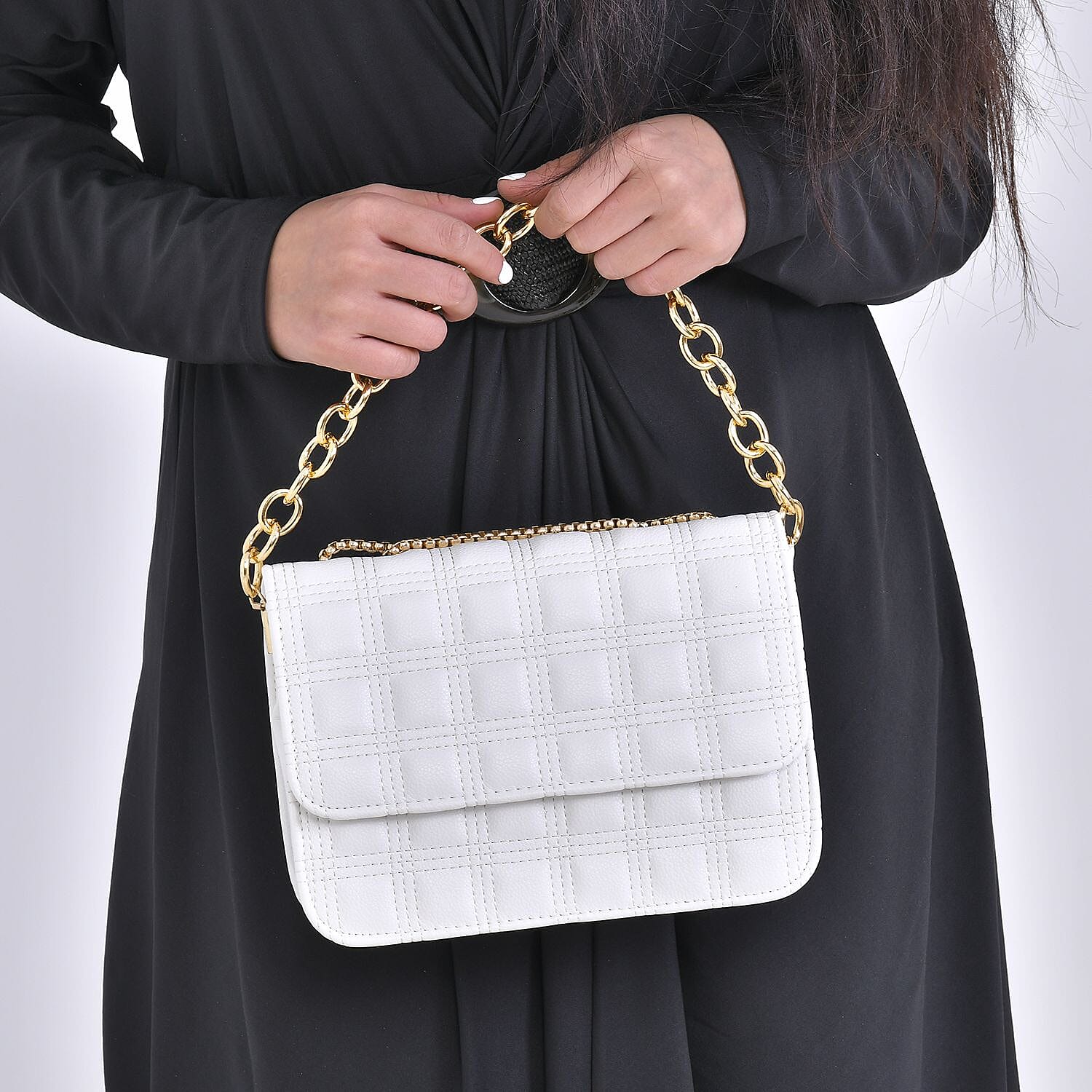 First Time Vicenza Closeout Quilted Checker Pattern Crossbody Bag With Metallic Chain - White