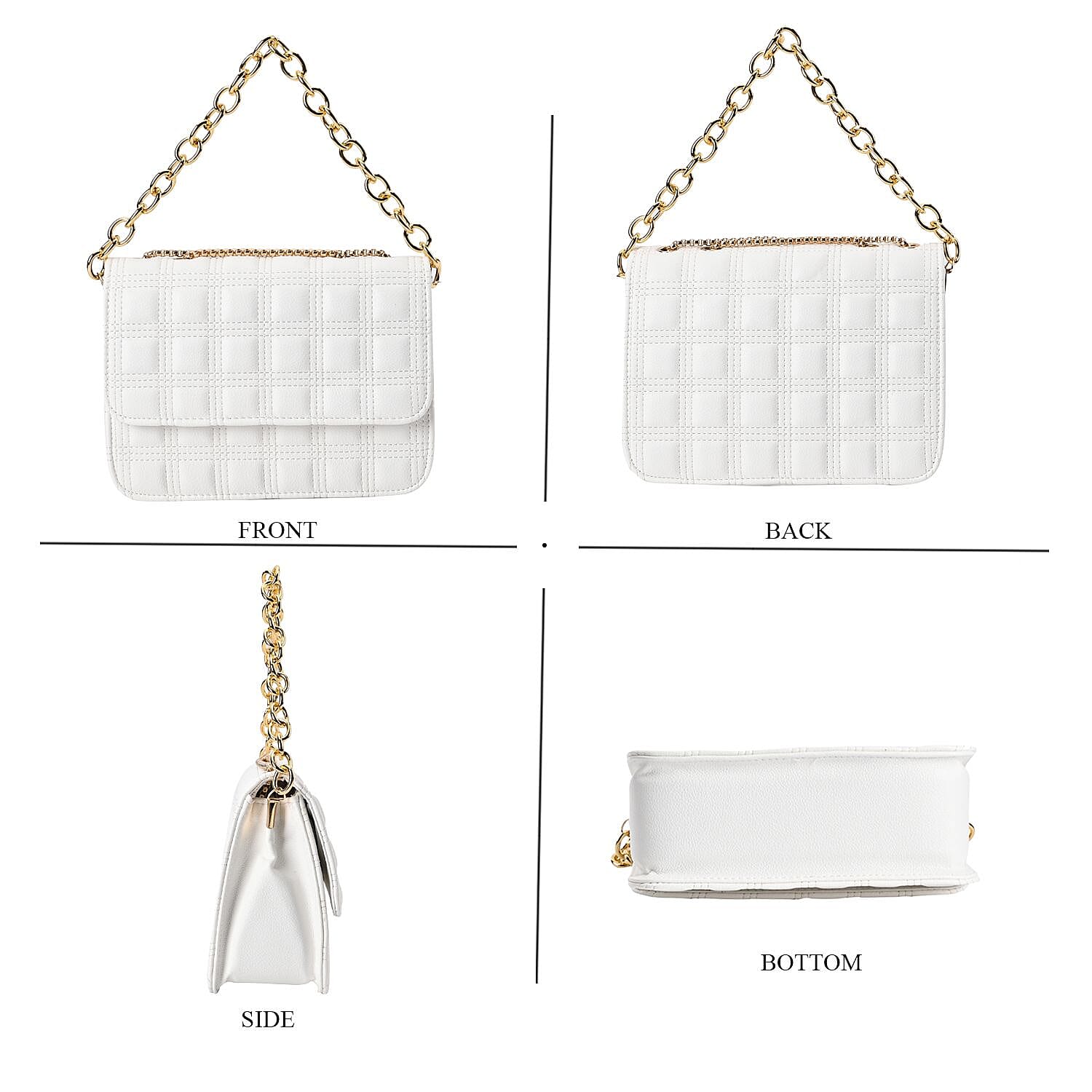 First Time Vicenza Closeout Quilted Checker Pattern Crossbody Bag With Metallic Chain - White