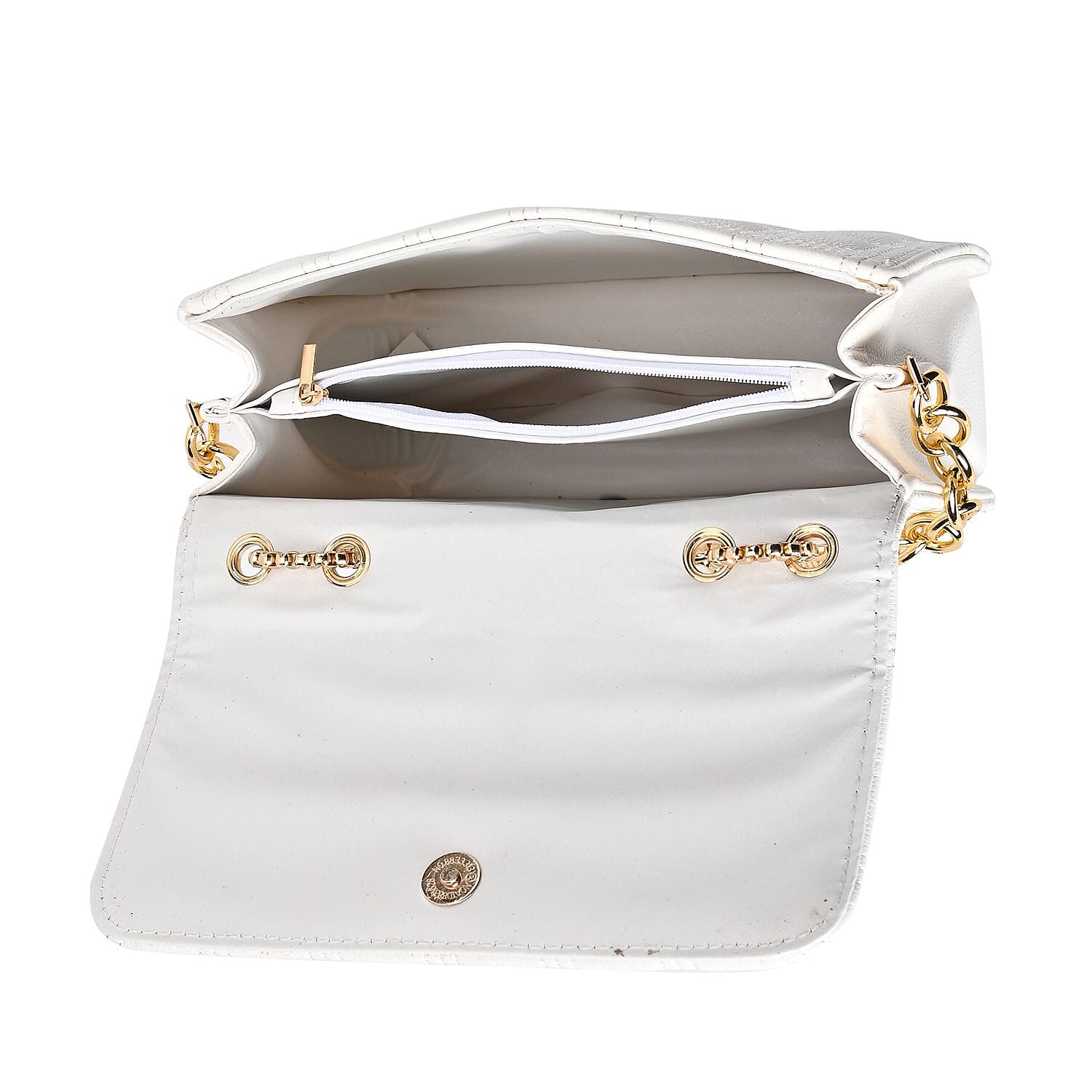 First Time Vicenza Closeout Quilted Checker Pattern Crossbody Bag With Metallic Chain - White