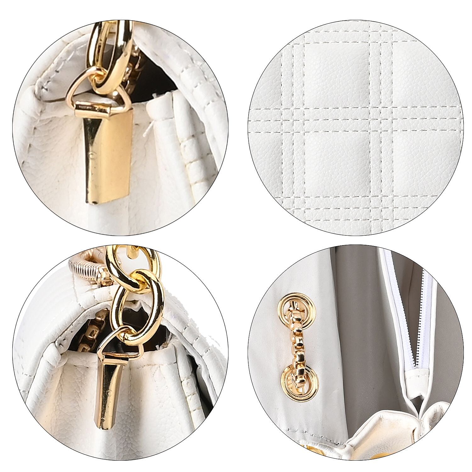 First Time Vicenza Closeout Quilted Checker Pattern Crossbody Bag With Metallic Chain - White