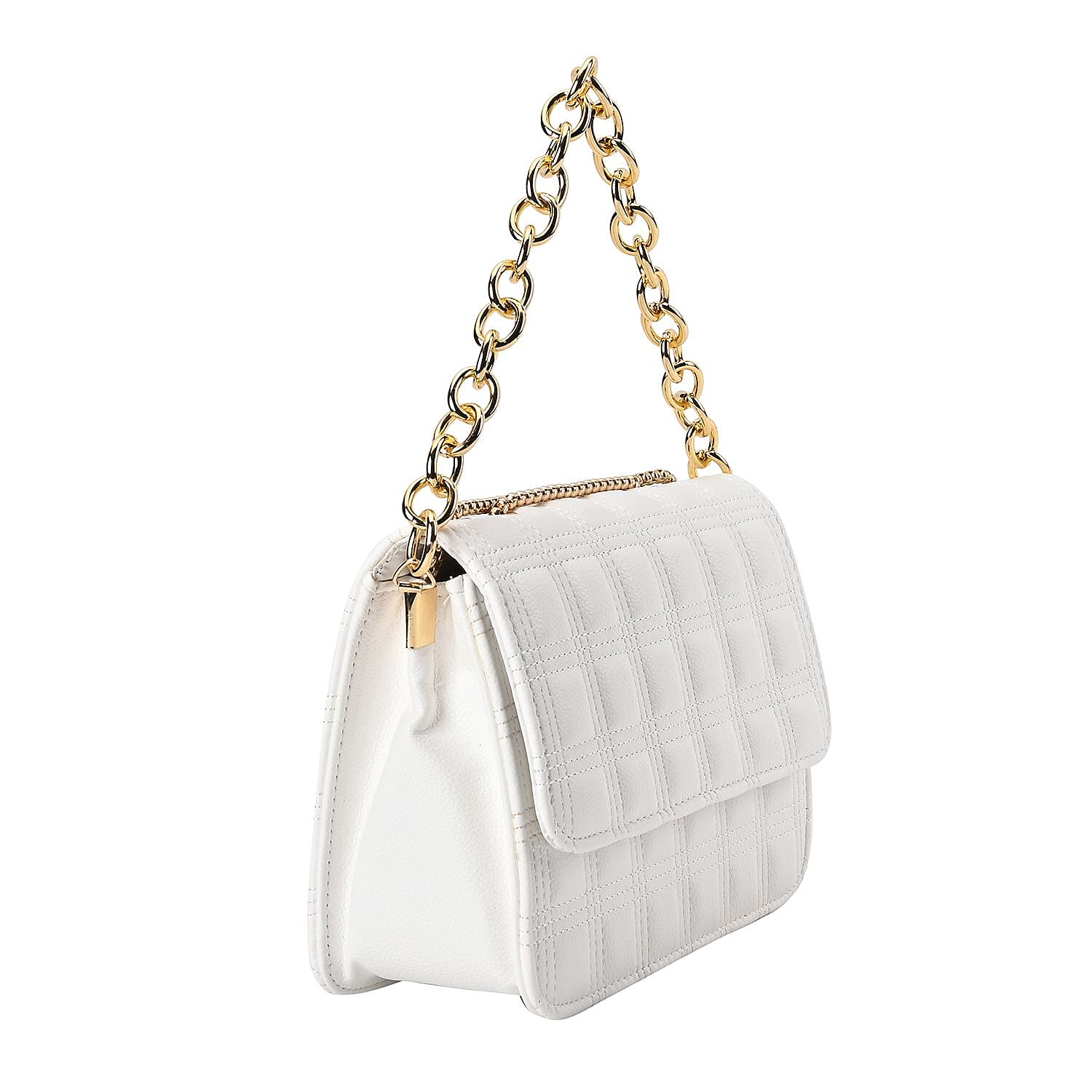 First Time Vicenza Closeout Quilted Checker Pattern Crossbody Bag With Metallic Chain - White