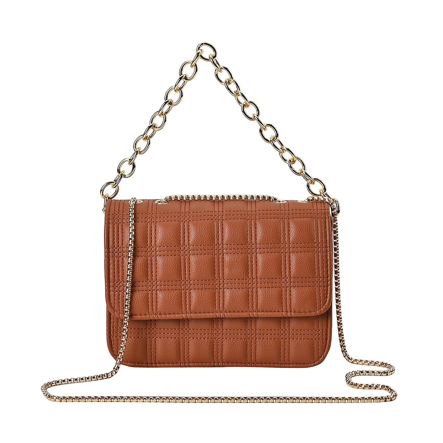 First Time Vicenza Closeout Quilted Checker Pattern Crossbody Bag With Metallic Chain - Tan