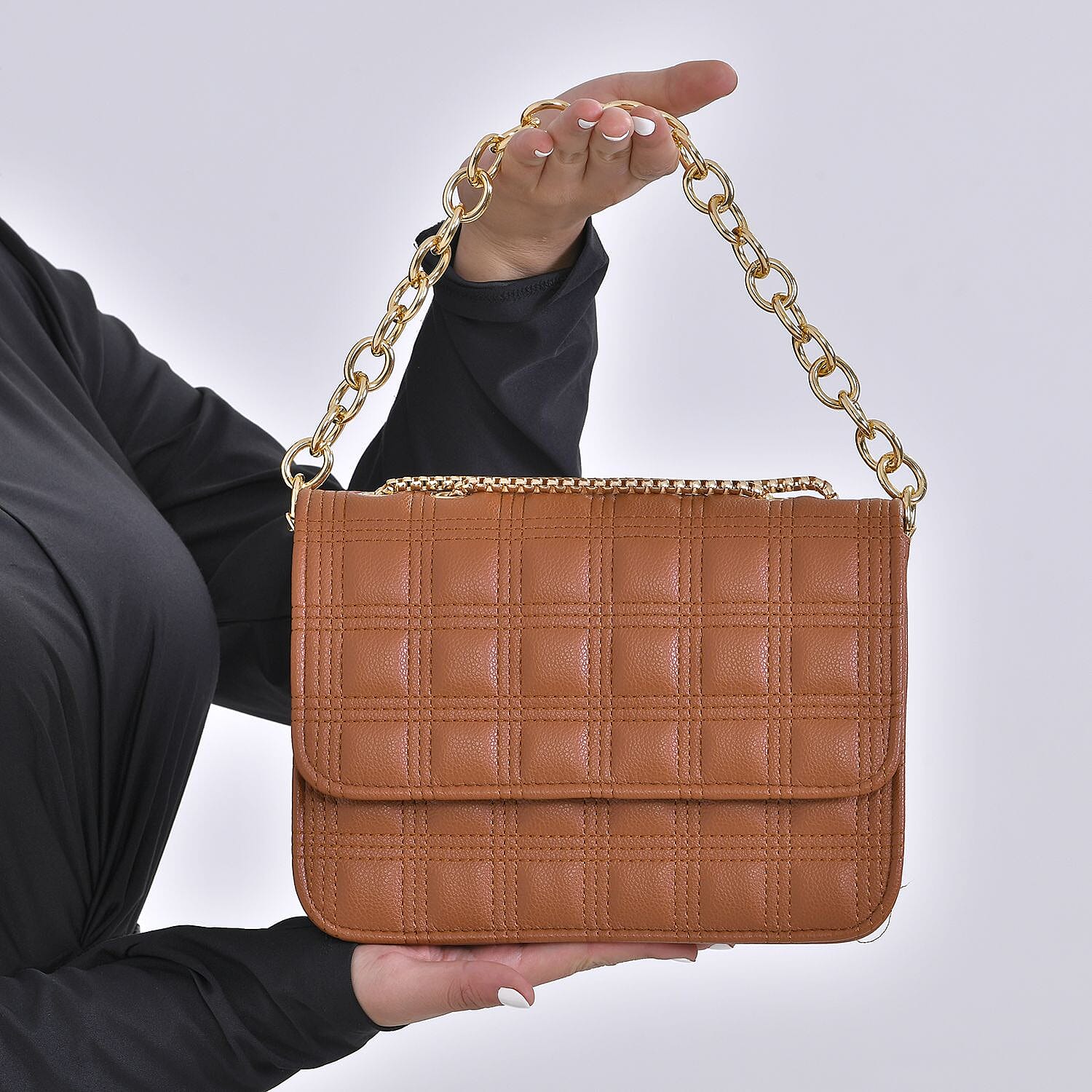 First Time Vicenza Closeout Quilted Checker Pattern Crossbody Bag With Metallic Chain - Tan