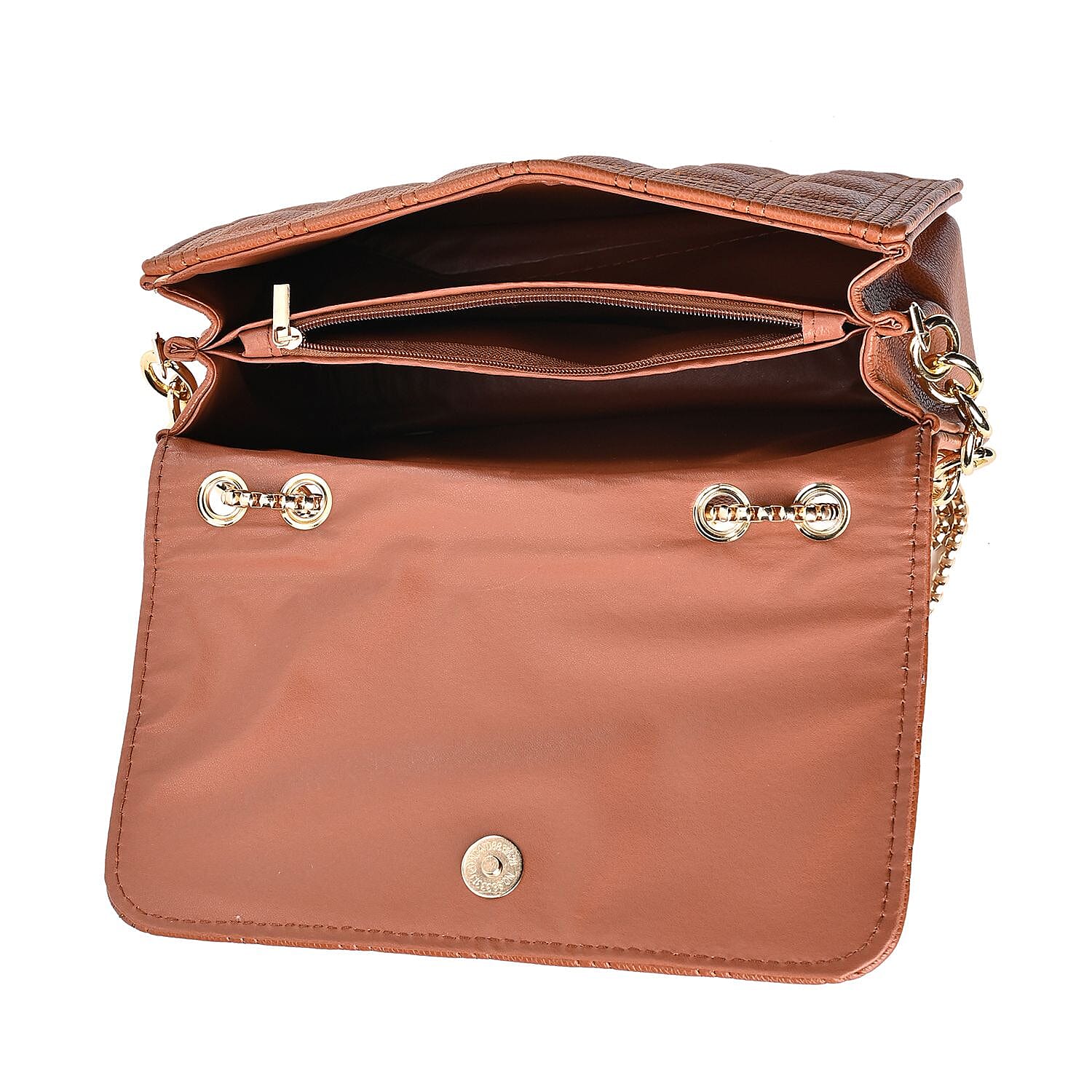 First Time Vicenza Closeout Quilted Checker Pattern Crossbody Bag With Metallic Chain - Tan