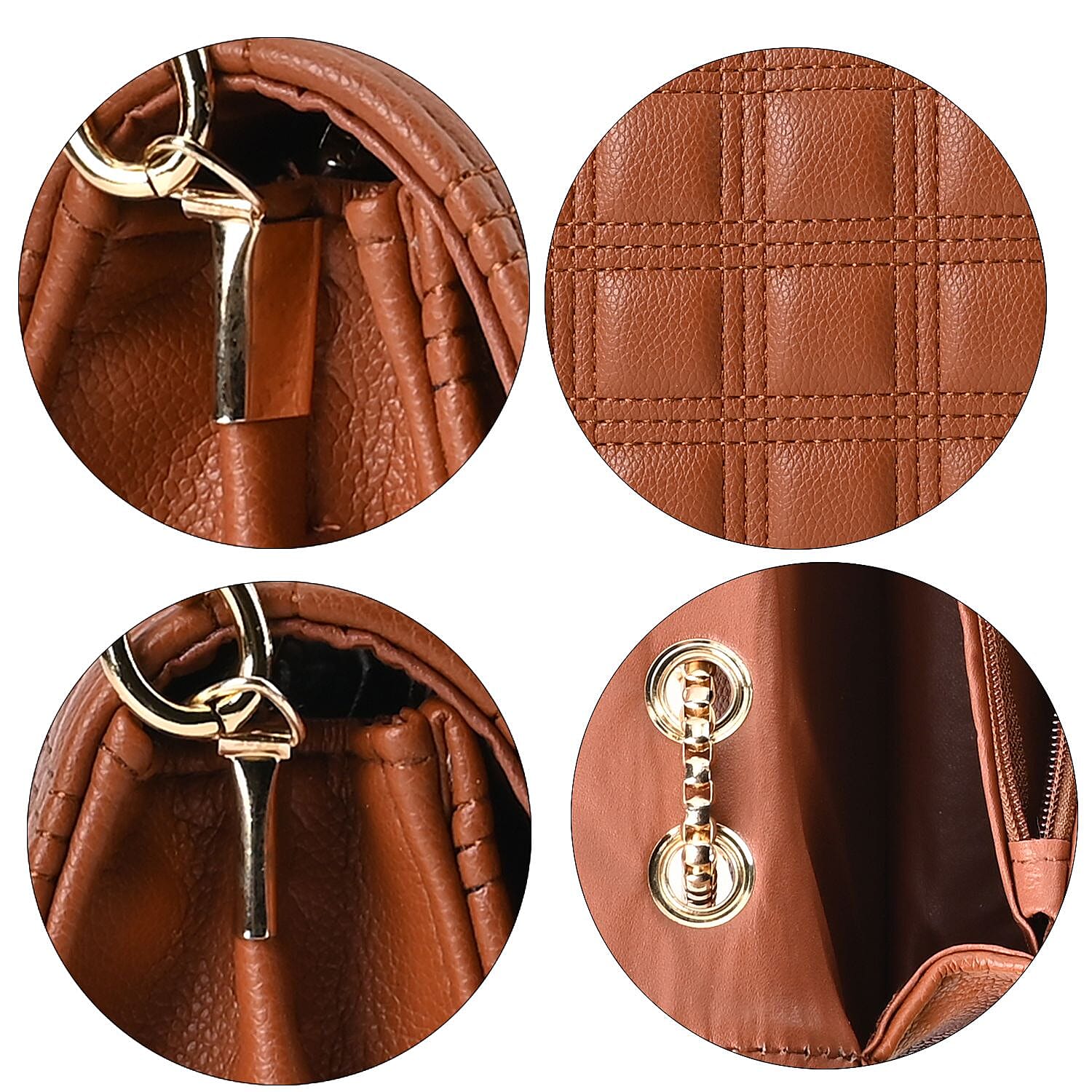 First Time Vicenza Closeout Quilted Checker Pattern Crossbody Bag With Metallic Chain - Tan