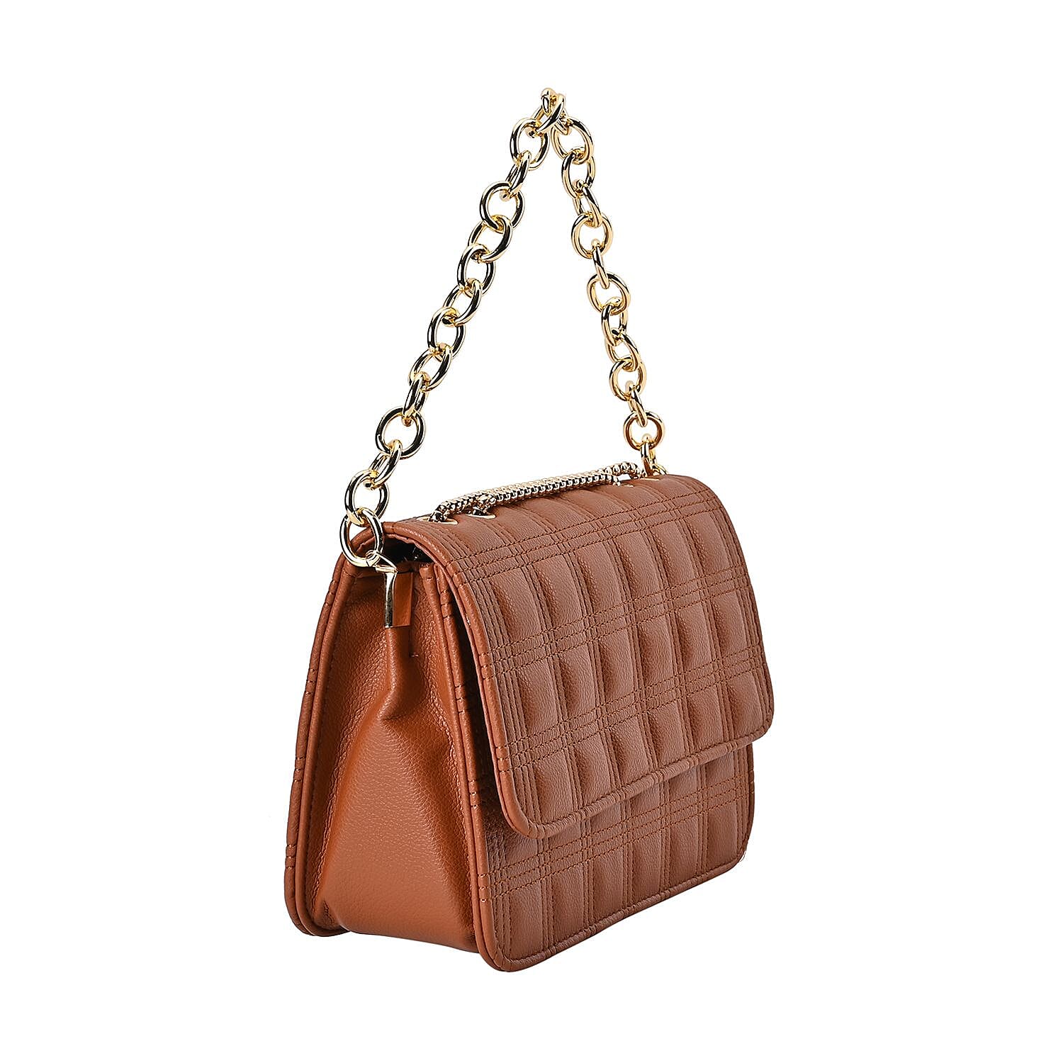 First Time Vicenza Closeout Quilted Checker Pattern Crossbody Bag With Metallic Chain - Tan