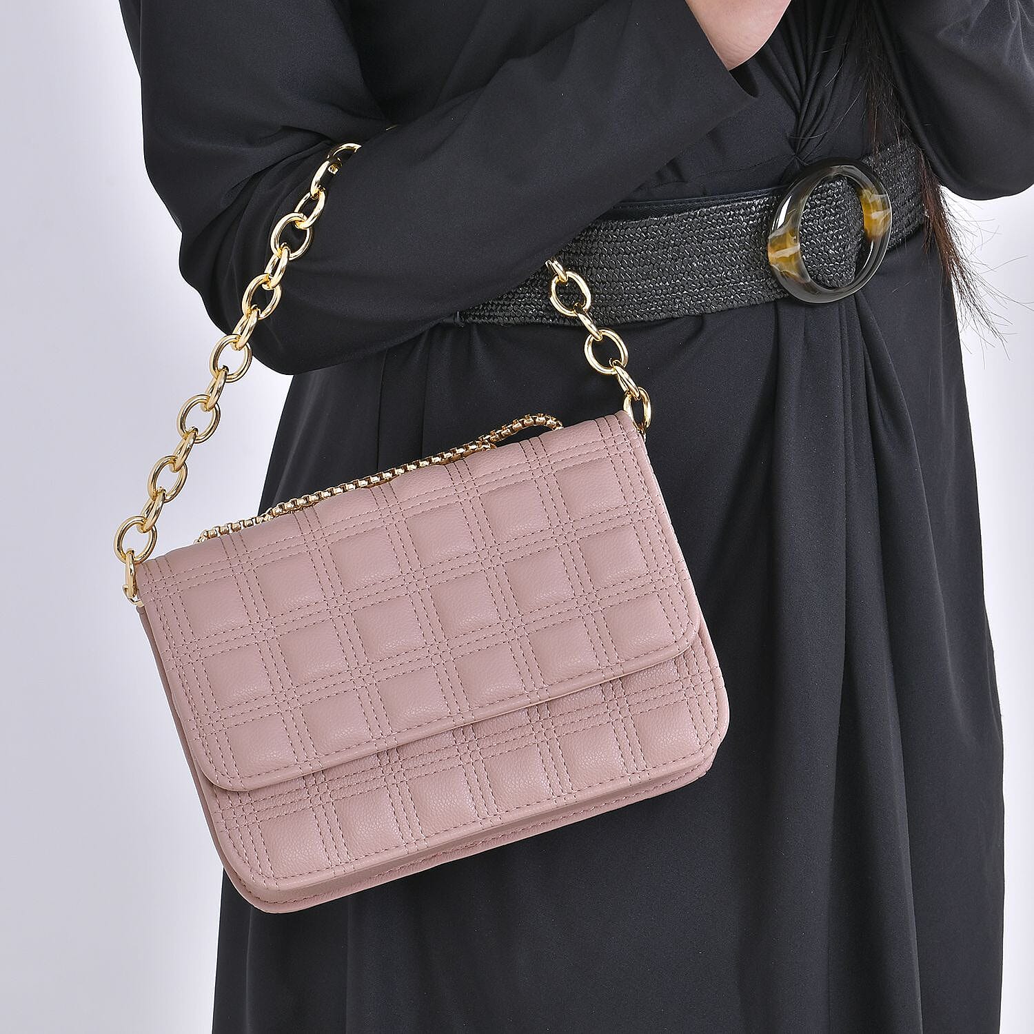 First Time Vicenza Closeout Quilted Checker Pattern Crossbody Bag With Metallic Chain - Pink