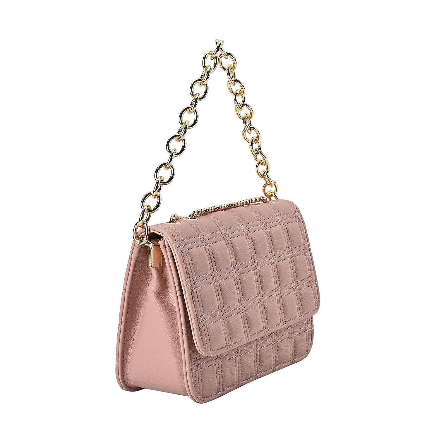 First Time Vicenza Closeout Quilted Checker Pattern Crossbody Bag With Metallic Chain - Pink