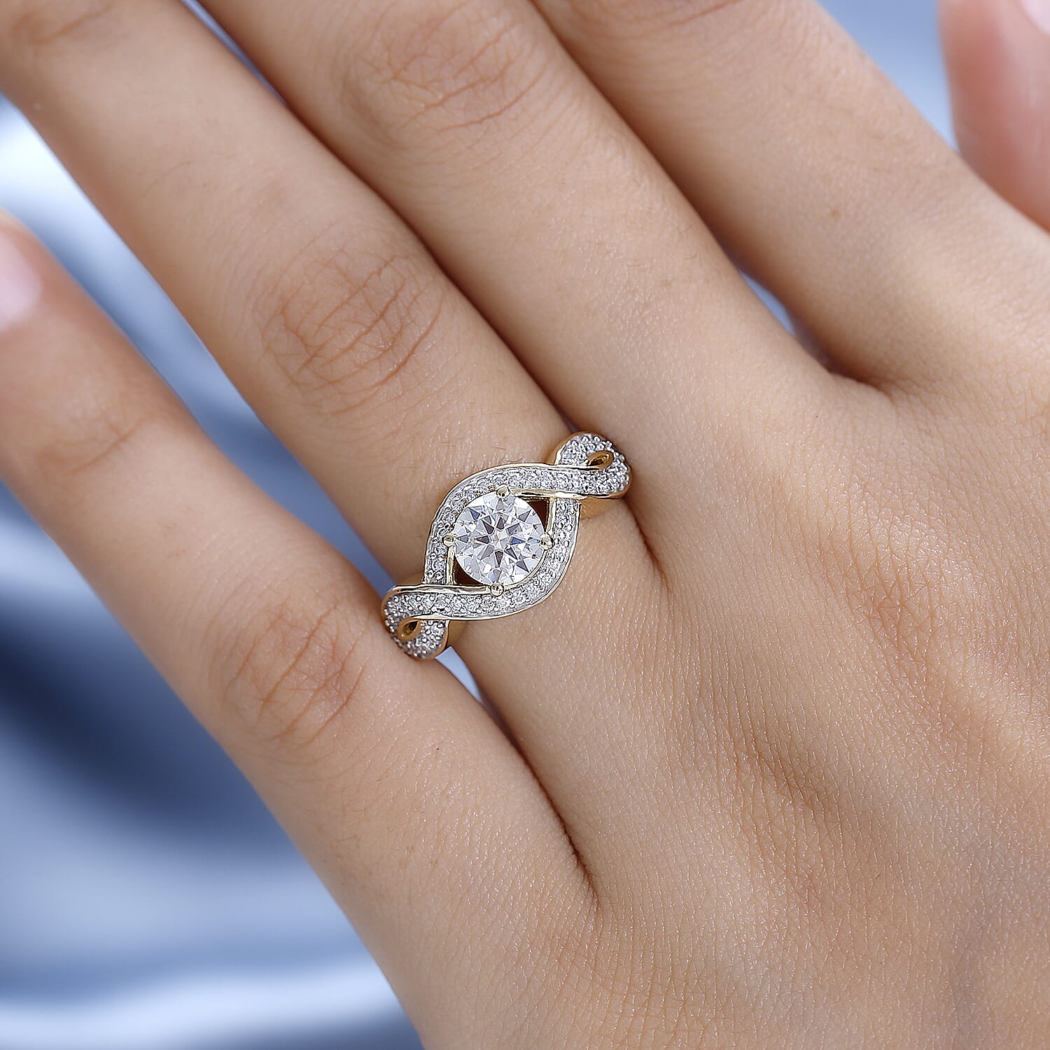 Moissanite Infinity Ring in 18K Yellow Gold Vermeil Plated Sterling Silver 1.30 Ct.